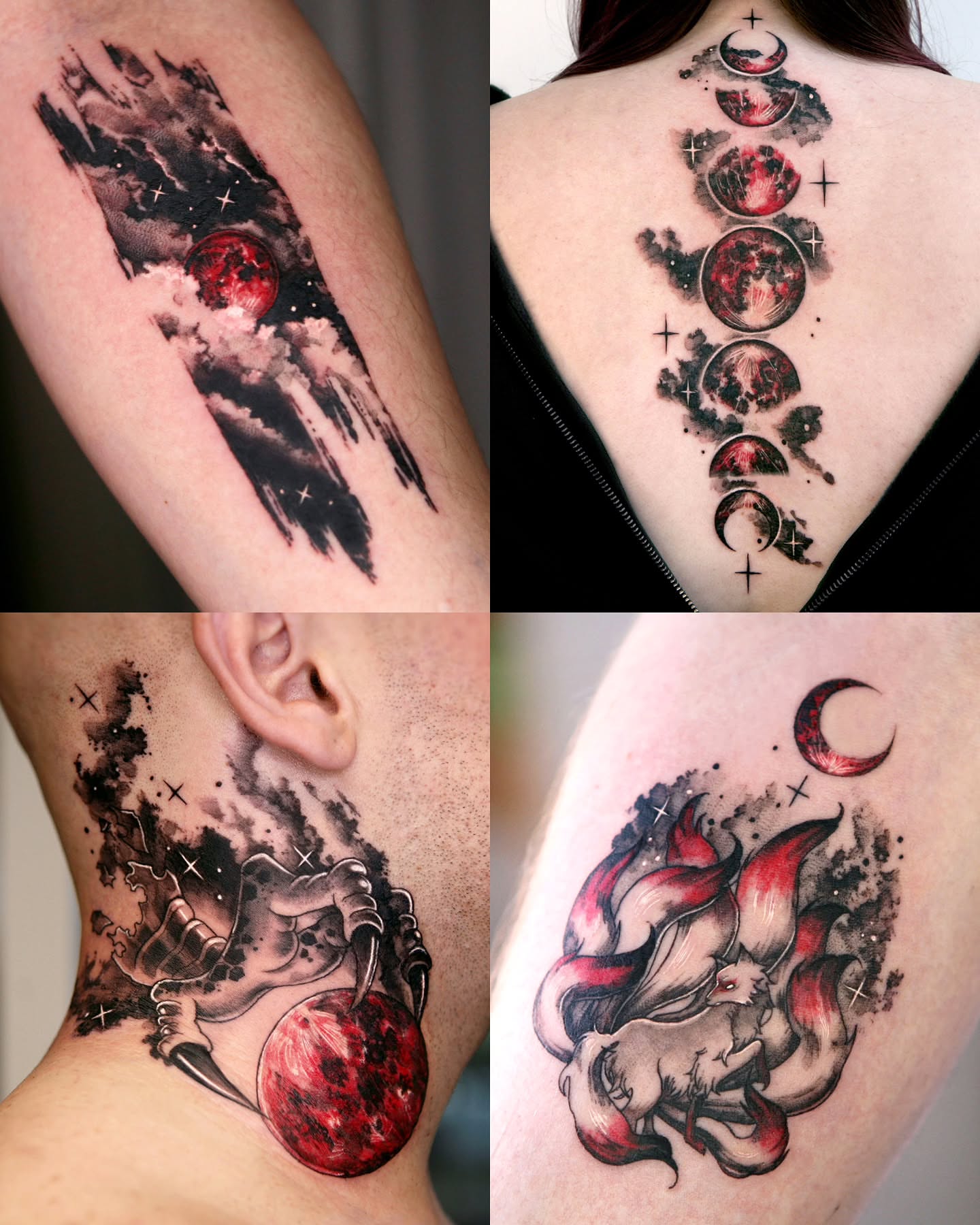Moon phases and fox dotwork tattoo on the back by danha_seoul tattooist