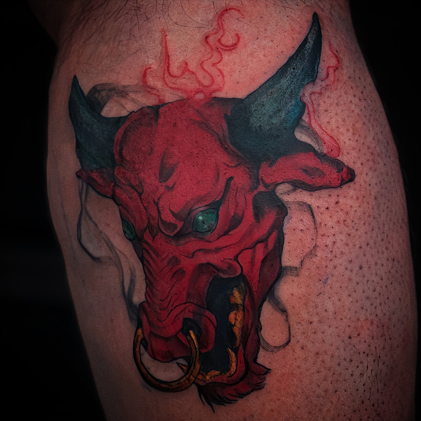 Bull dark realism tattoo on the thigh by 𝙹𝙰𝚉𝚉 𝙲𝙷𝙰𝙾
