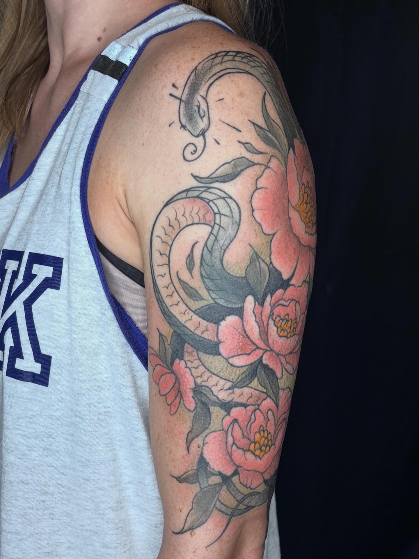 Snake and peony American traditional tattoo on the forearm by π»πΈπ½π½, Ypsilanti, Michigan