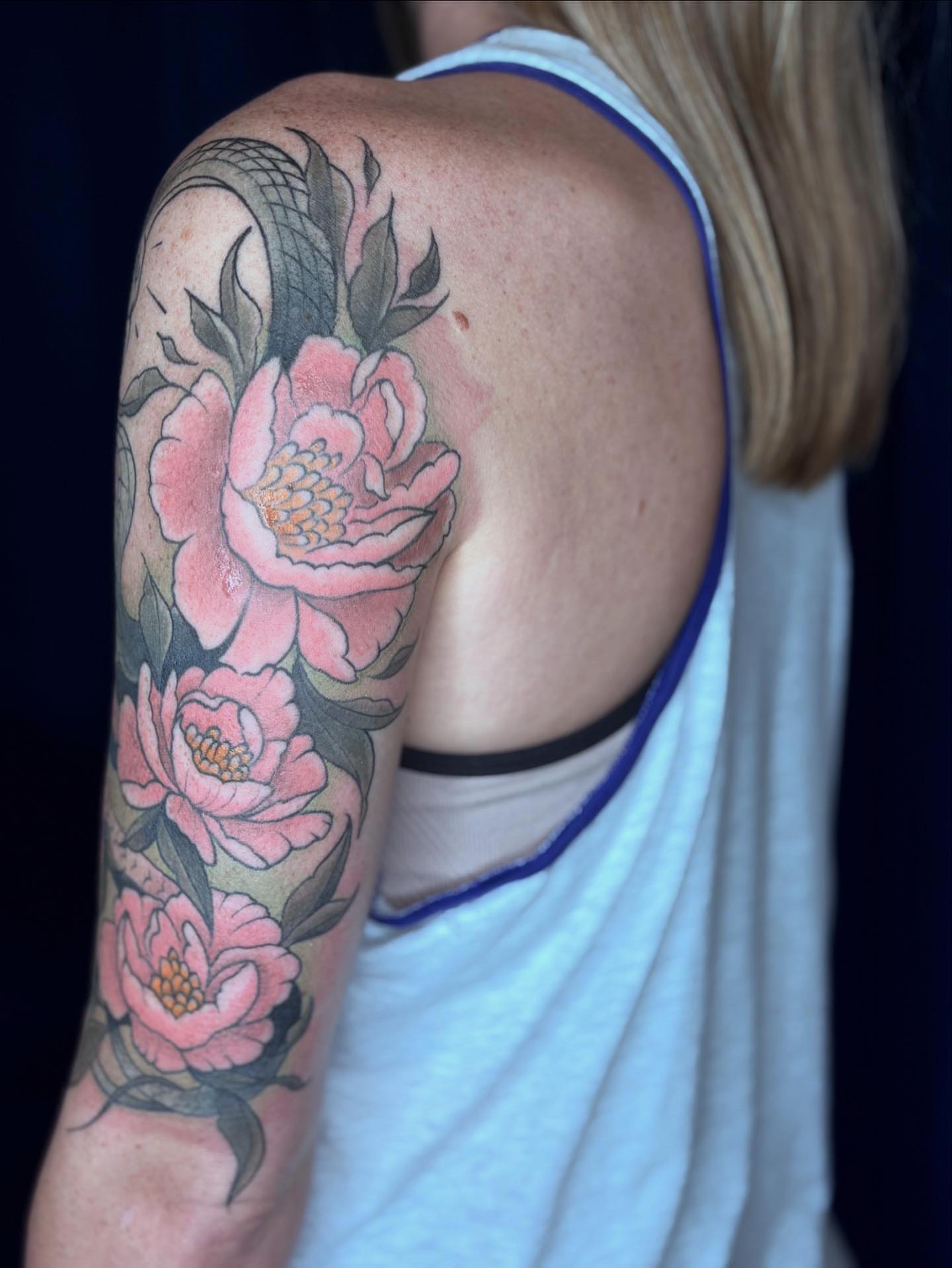 Peony flowers American traditional tattoo on the shoulder by π»πΈπ½π½, Ypsilanti, Michigan