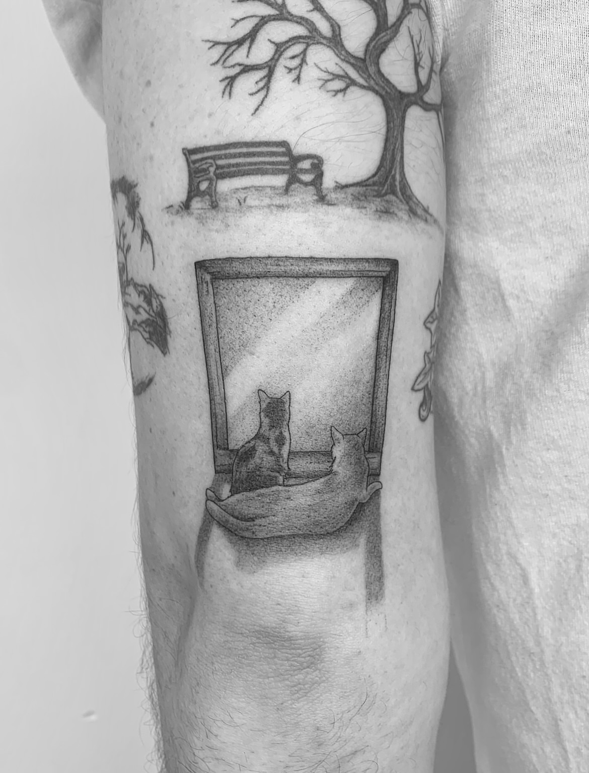 Cats in a mirror dotwork tattoo on the forearm by ☆ Nashville Fine Line Tattoo Artist ☆