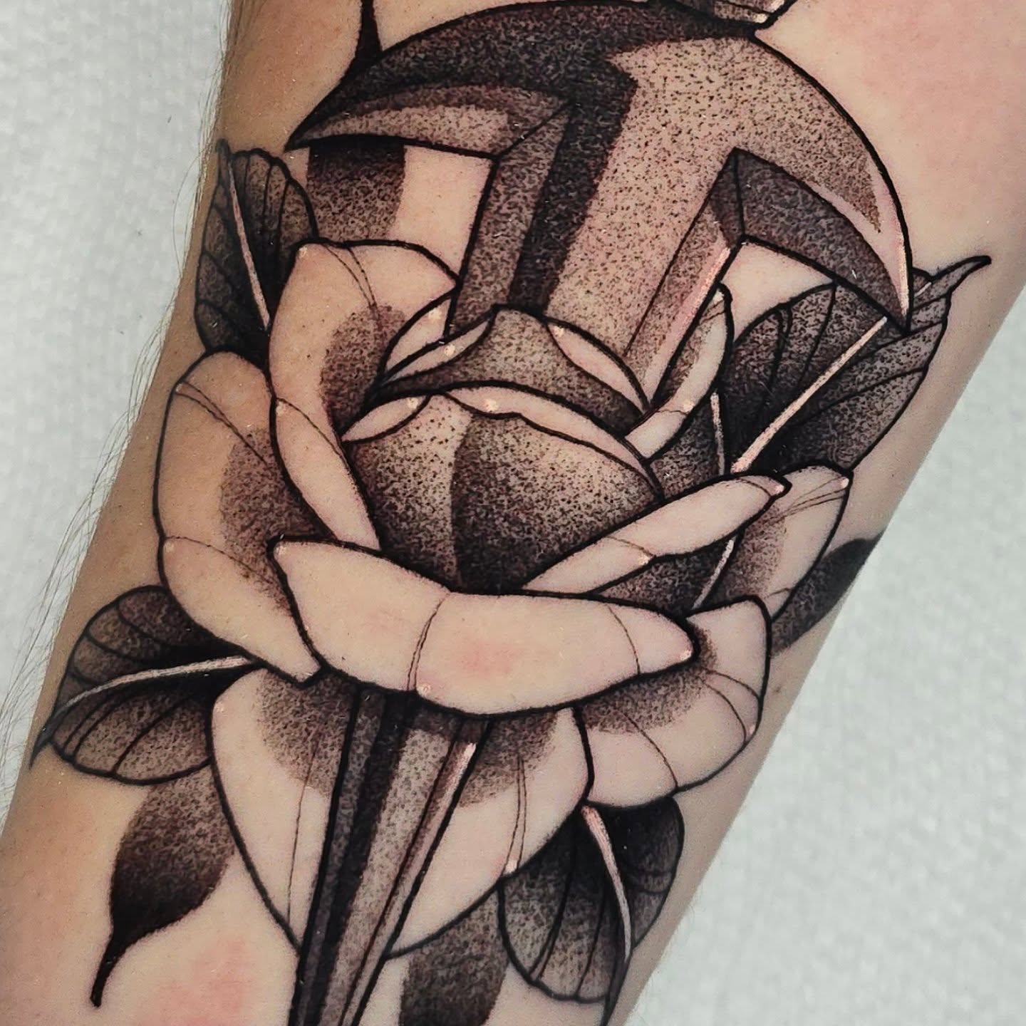 Rose dotwork tattoo on the forearm by Justin Eldridge
