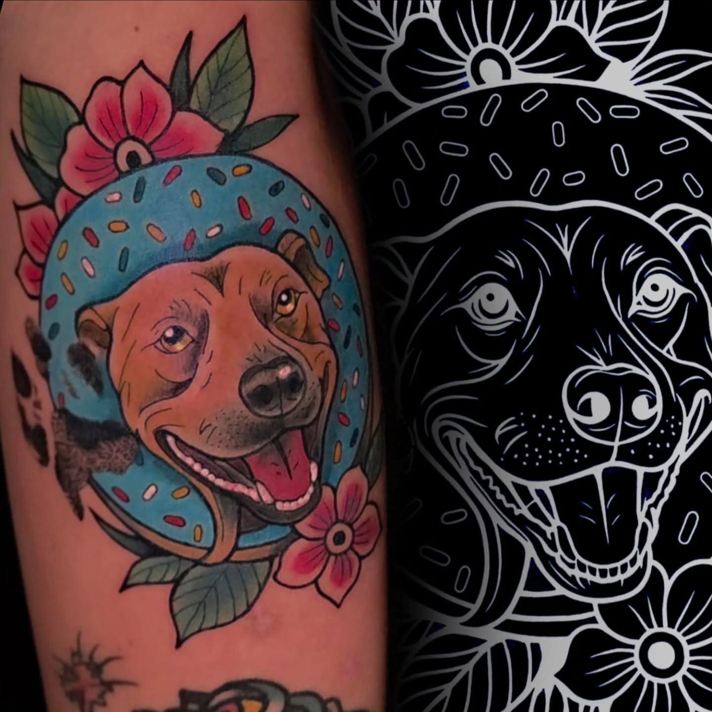 Dog wearing donut American traditional tattoo on the forearm by Levi Ropp, Findlay, Ohio