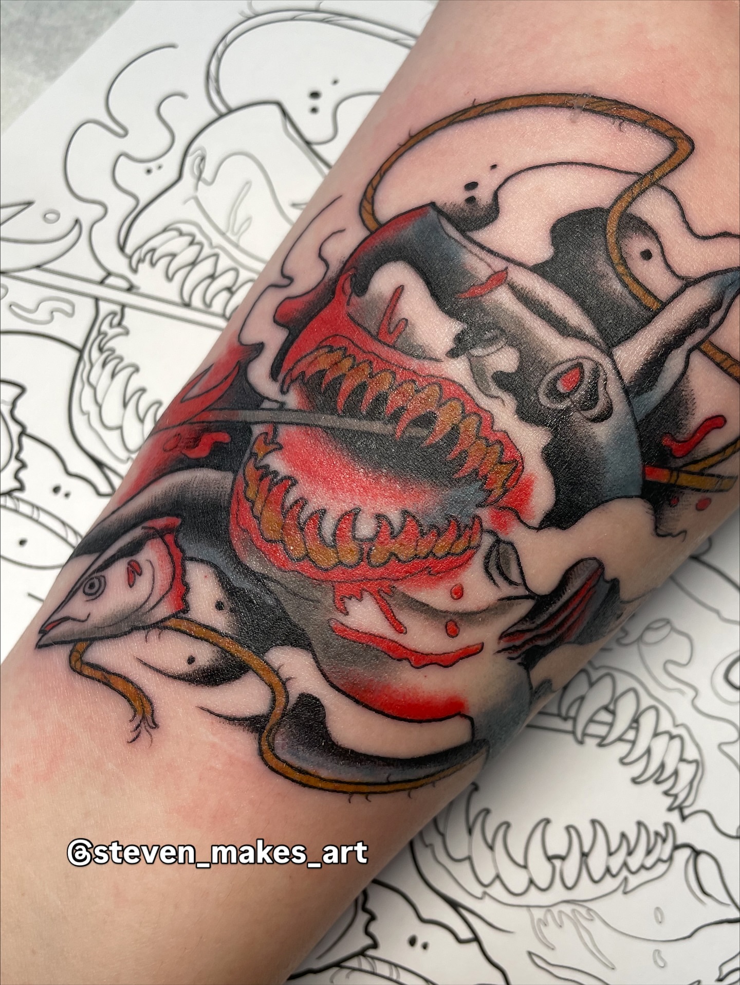Demon American traditional tattoo on the forearm by Steven Hodges