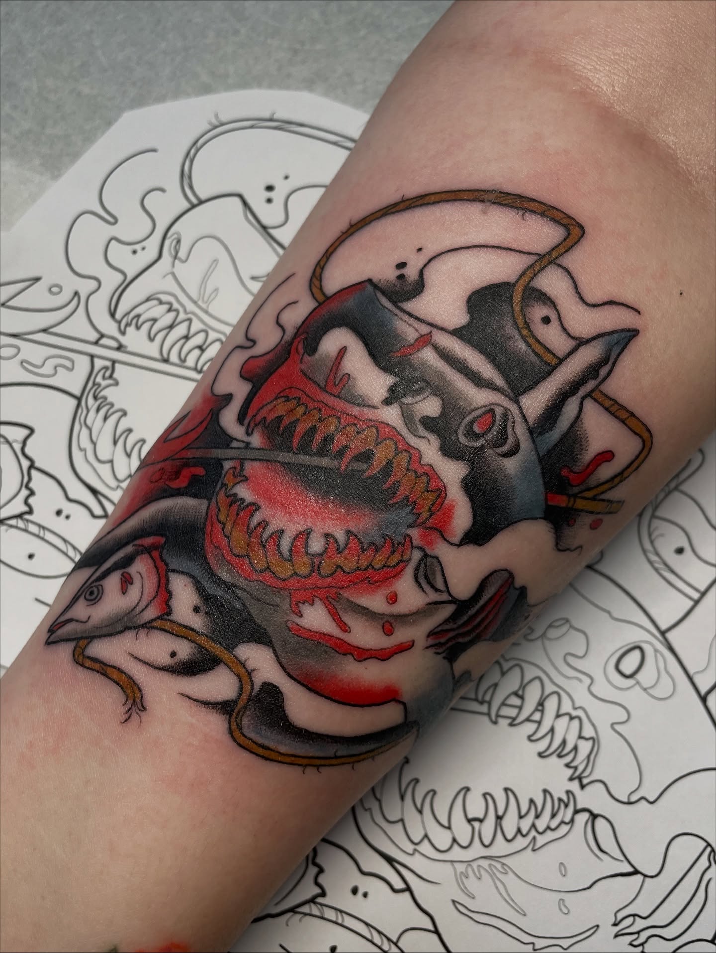 Demon skull American traditional tattoo on the forearm by Steven Hodges