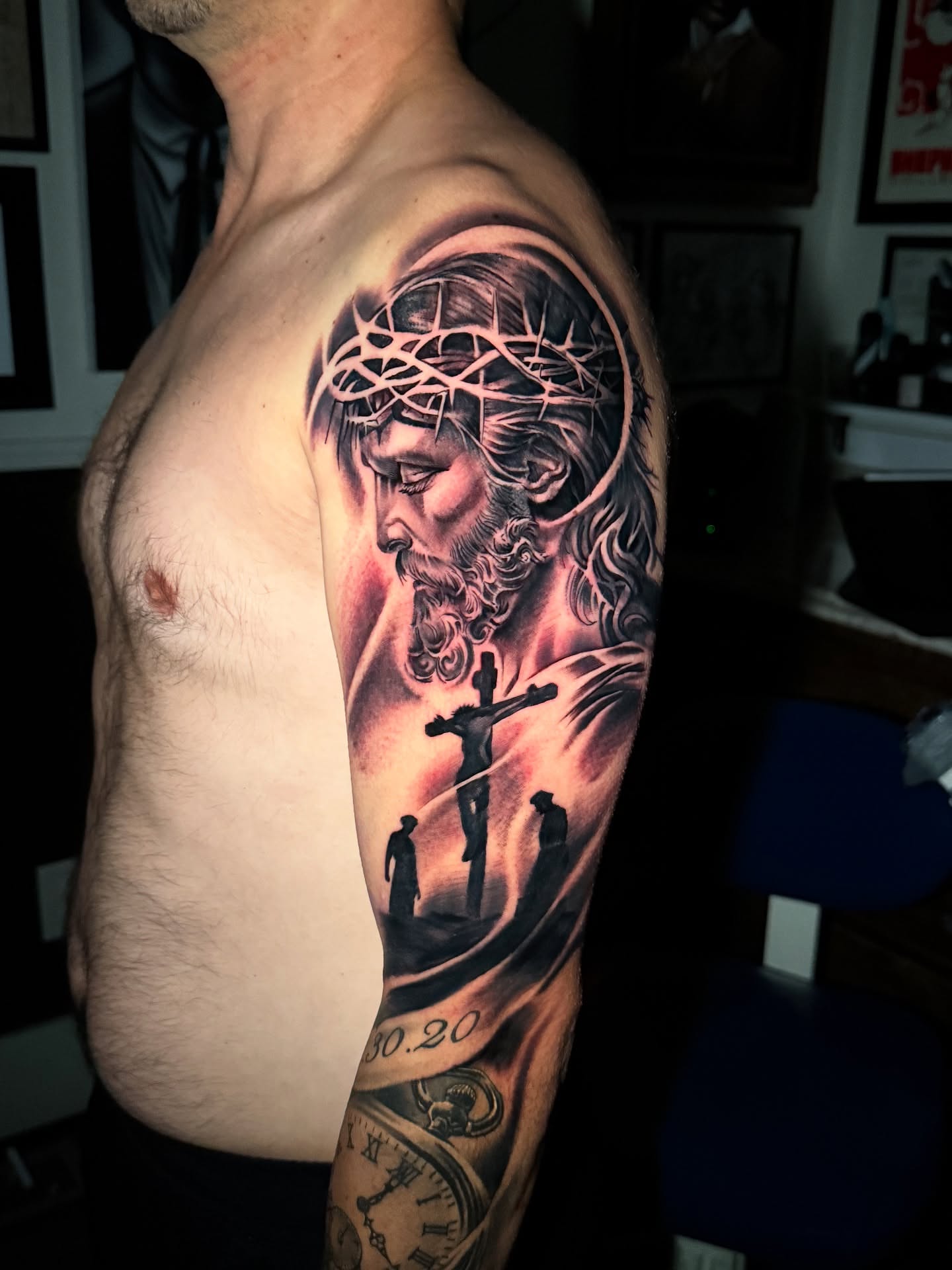 Religious scene realism tattoo on the forearm by “Gonzo