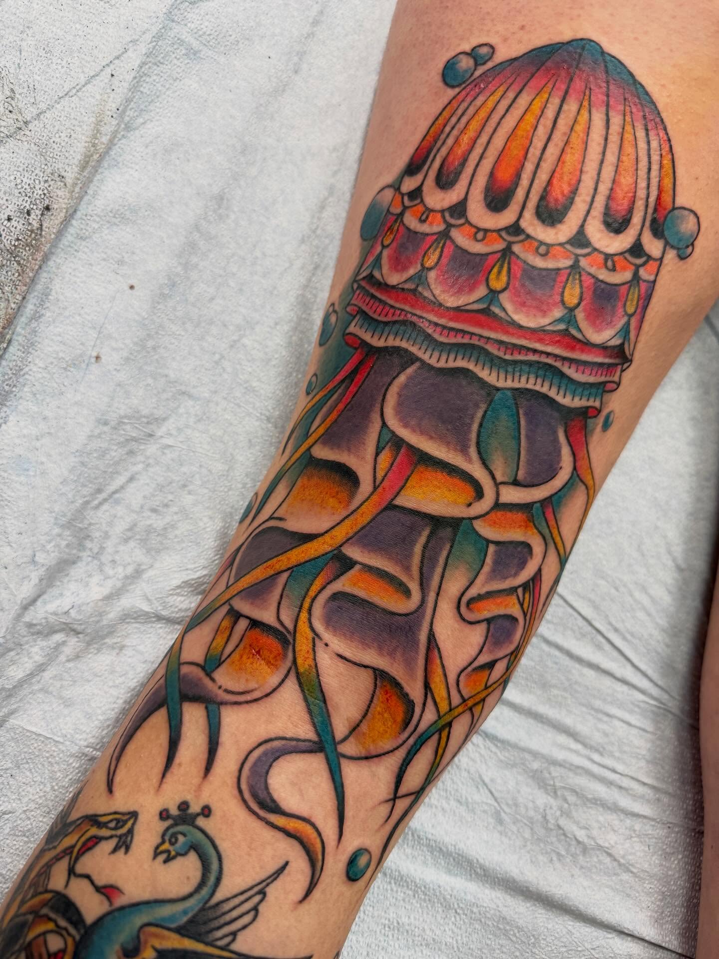 Jellyfish American traditional tattoo on the forearm by Austin Liebst, Wichita, Kansas