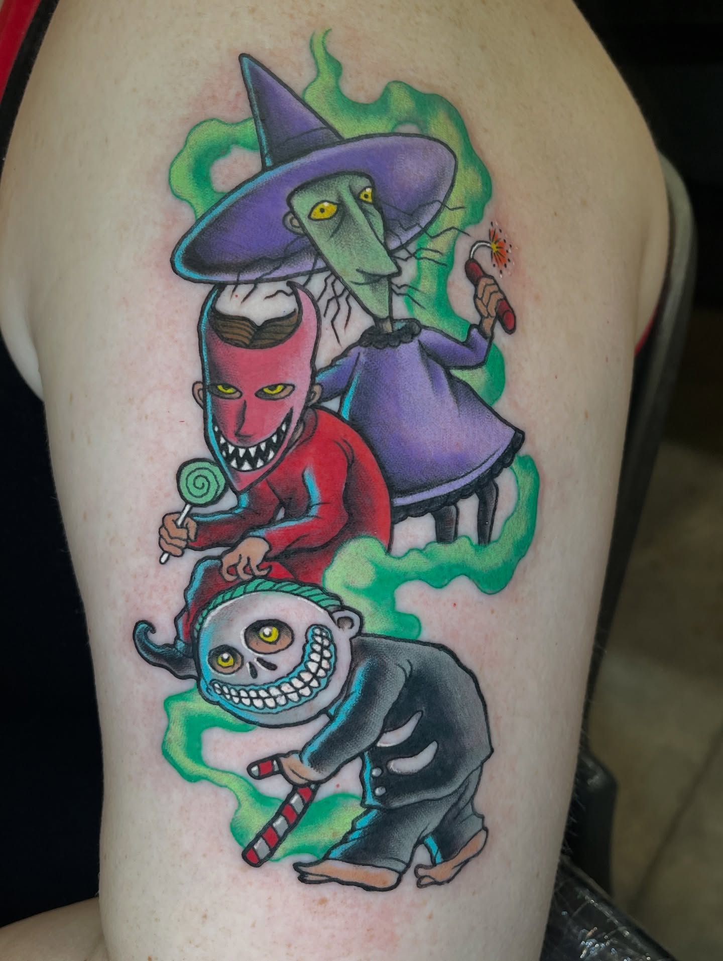 Clowns American traditional tattoo on the thigh by James Mullin