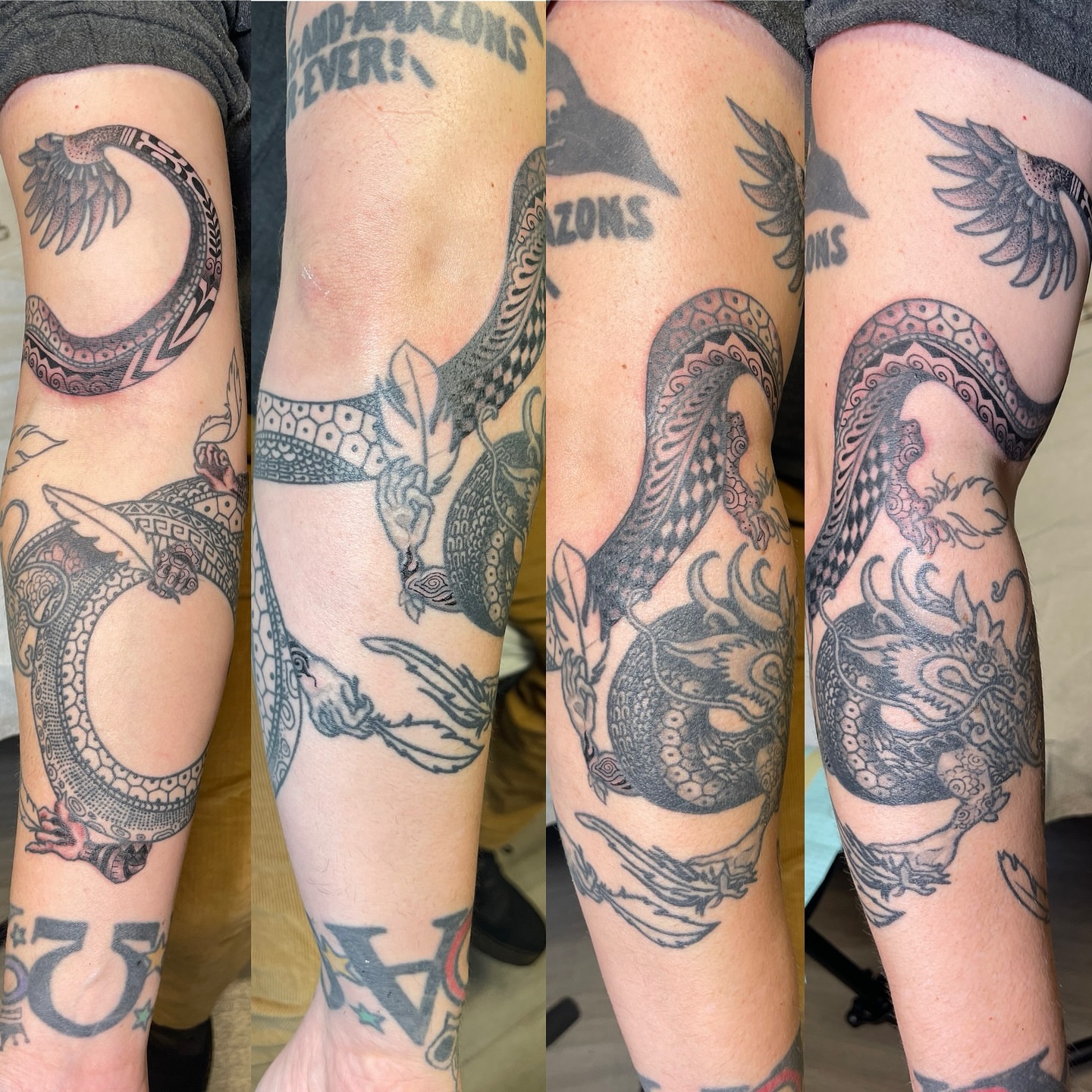 Dragon black and grey tattoo on the forearm by Ashley Antolin