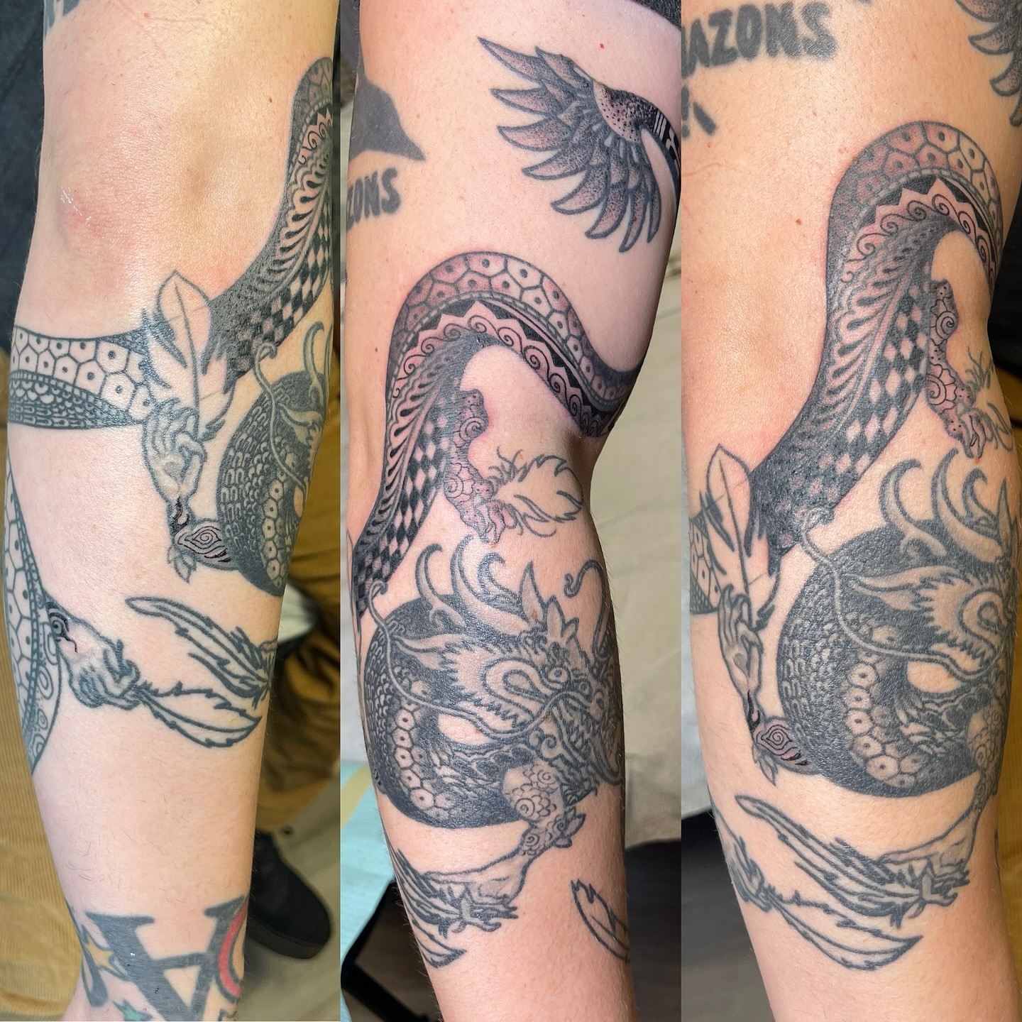 Dragon black and grey tattoo on the forearm by Ashley Antolin