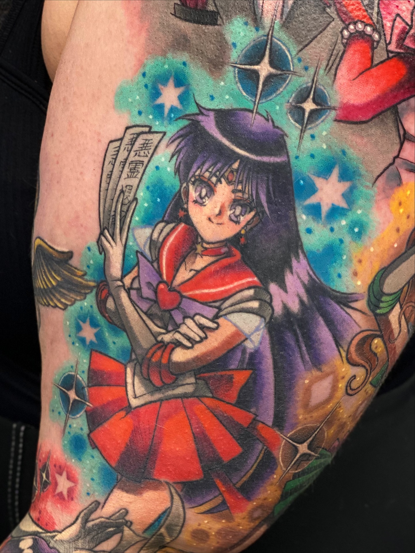 Anime character anime tattoo on the forearm by Seth Mullin, Hemet, California