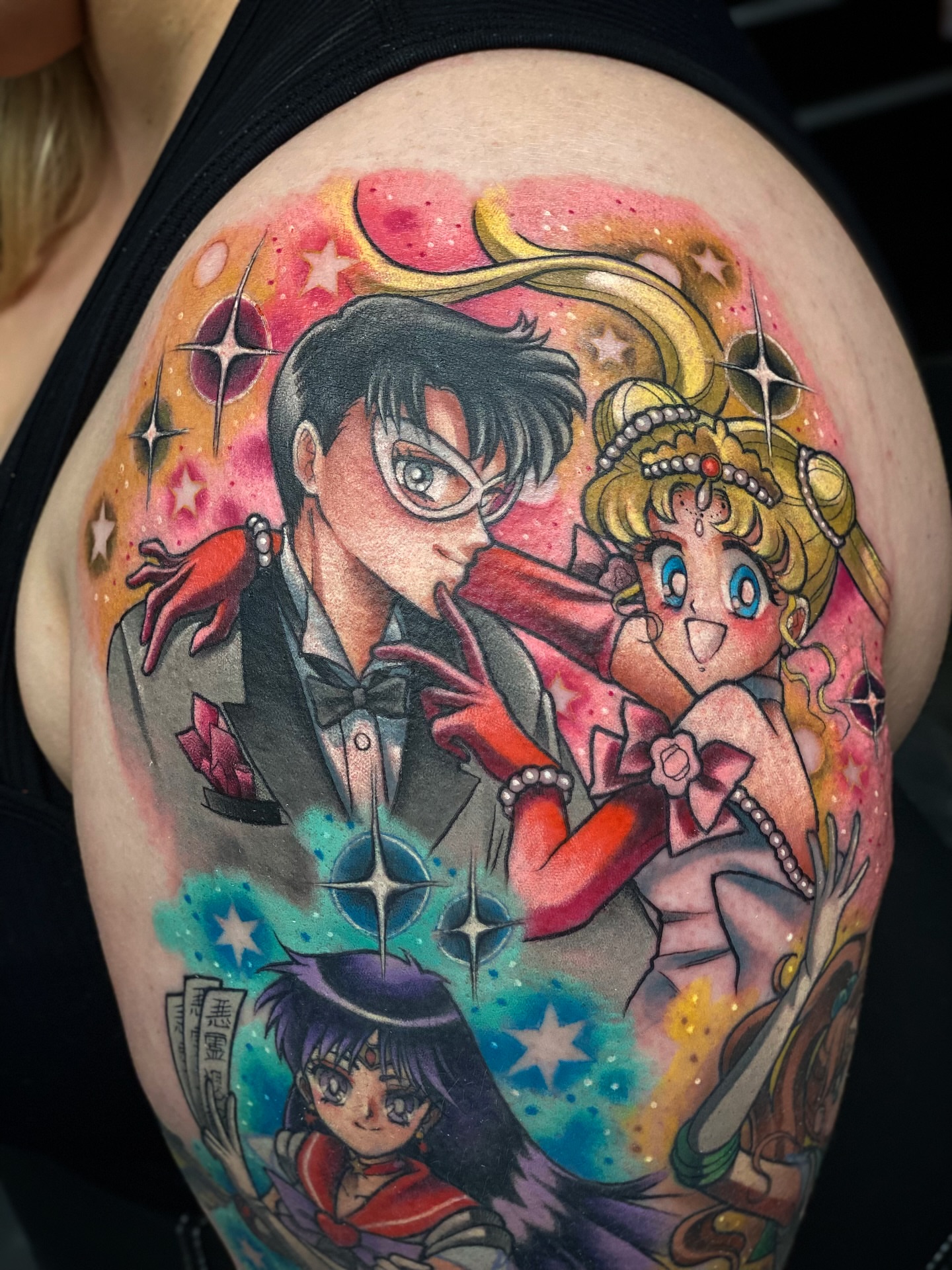Anime characters anime tattoo on the thigh by Seth Mullin, Hemet, California
