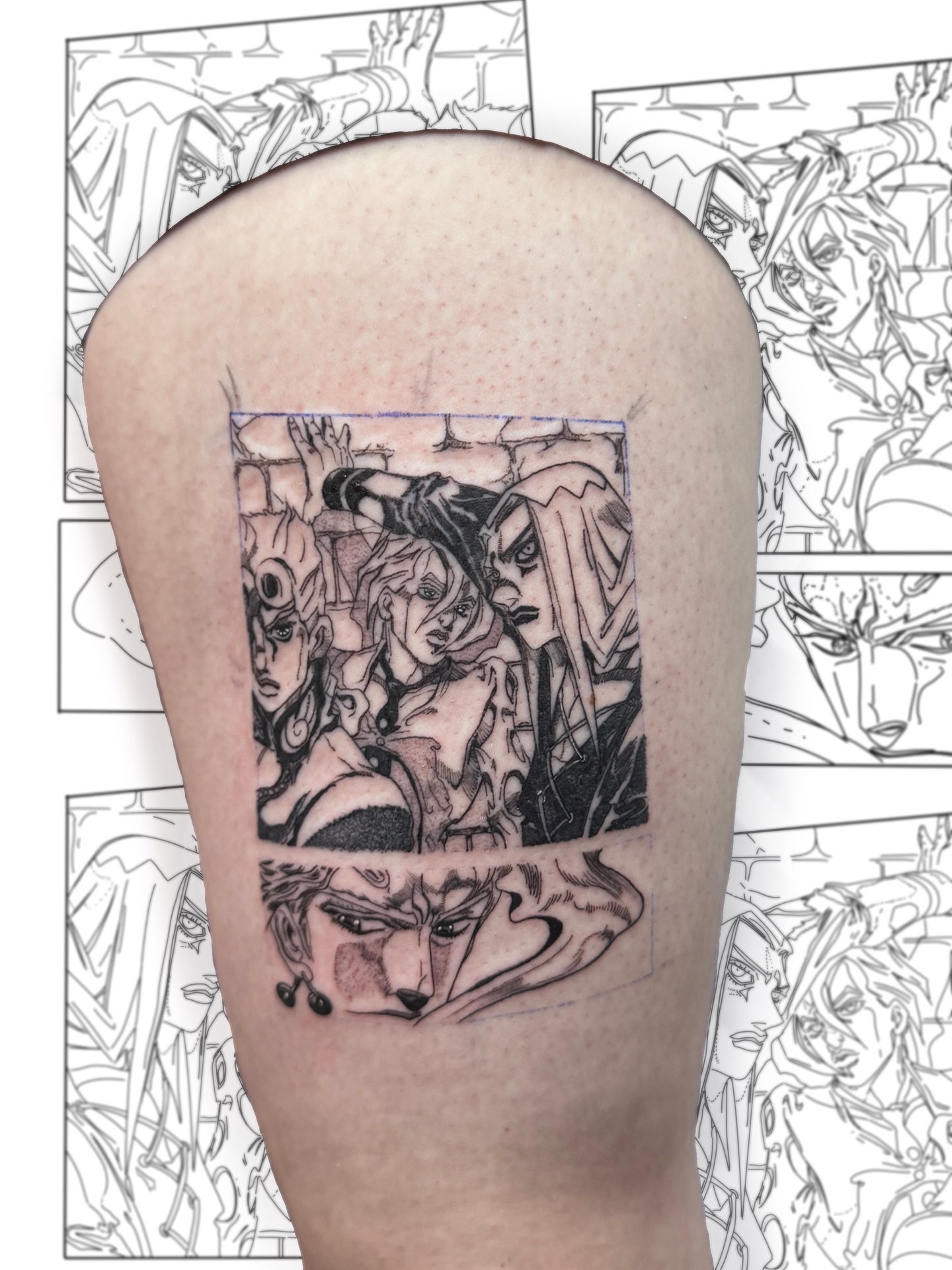 Anime characters anime tattoo on the thigh by D