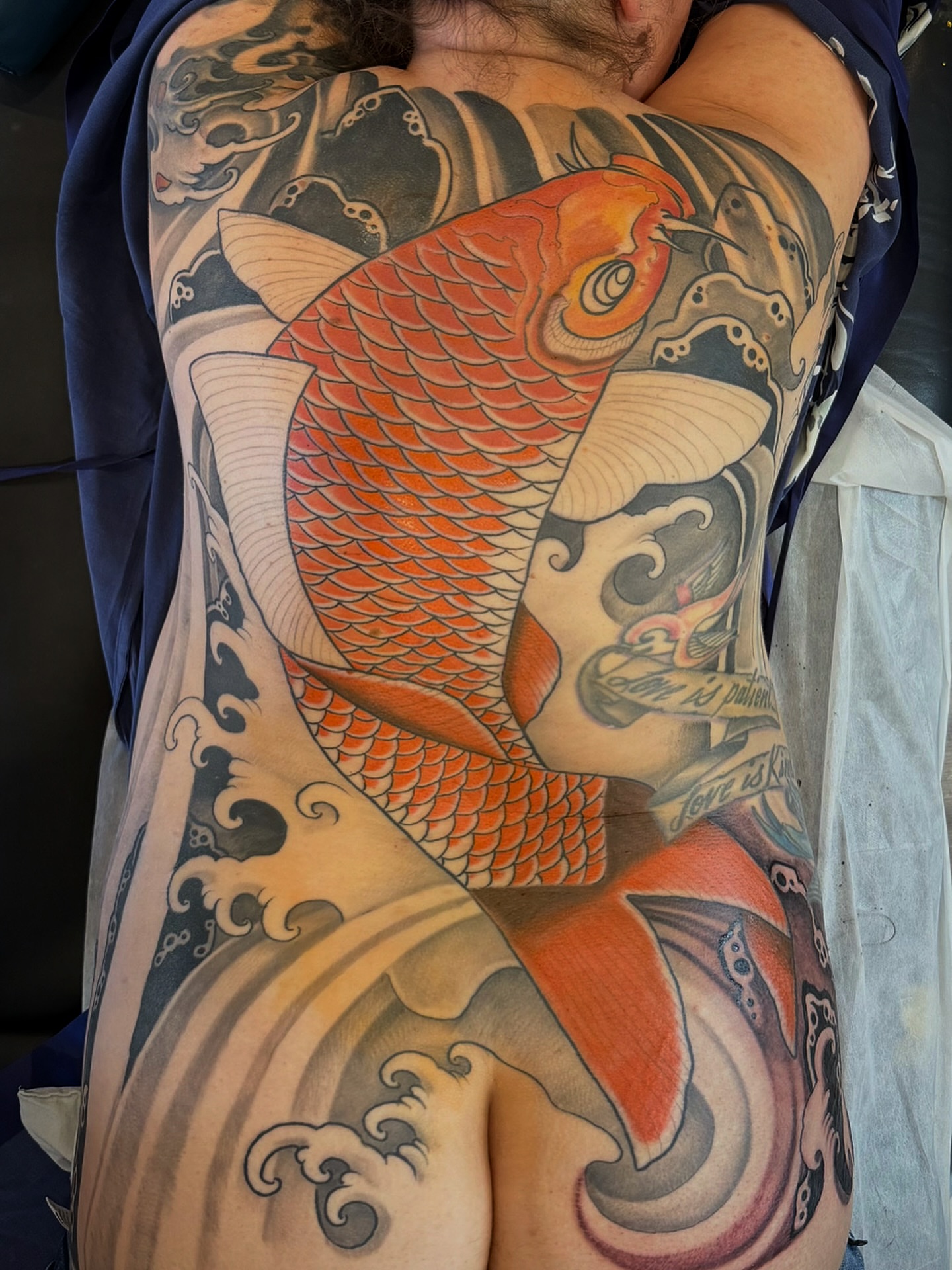Koi fish japanese irezumi tattoo on the thigh by Ryan Willard, Denver, Colorado