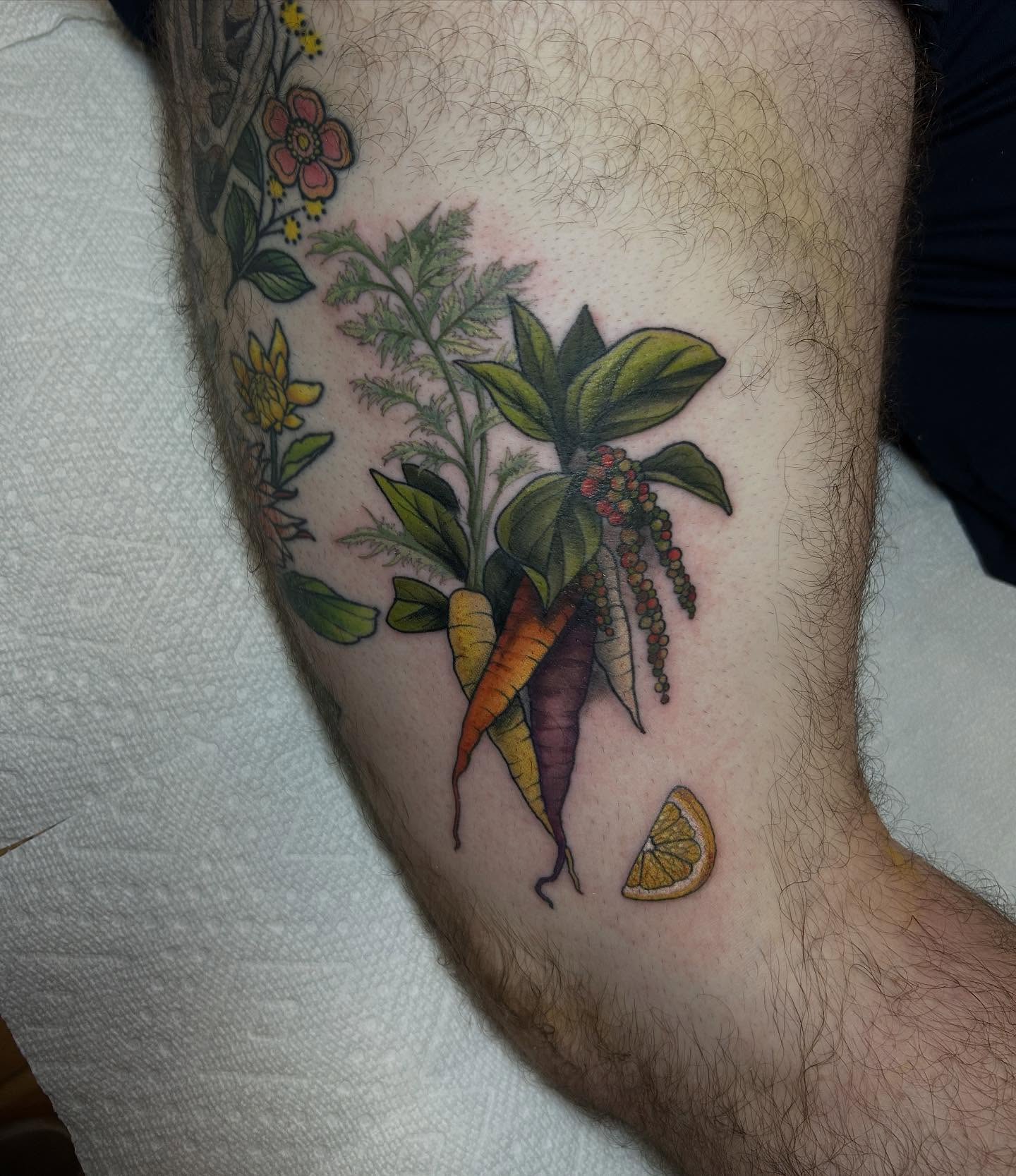 Vegetables and flowers realism tattoo on the forearm by 𝓗𝓪𝔂𝓵𝓮𝔂 𝓢𝓪𝓿𝓪𝓰𝓮