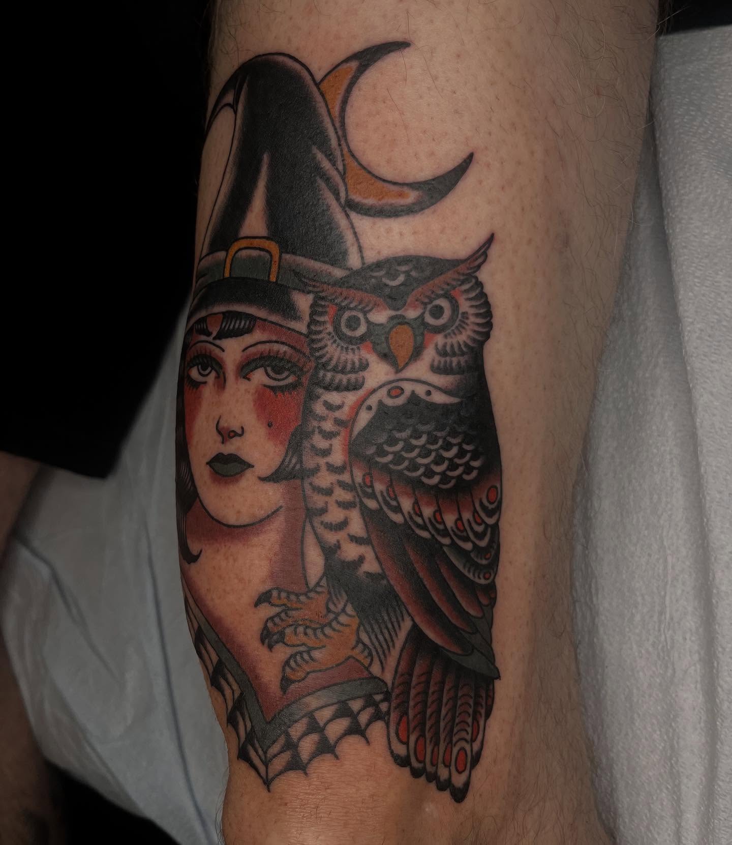 Witch and owl American traditional tattoo on the forearm by Nicole💀, Salt Lake City, Utah