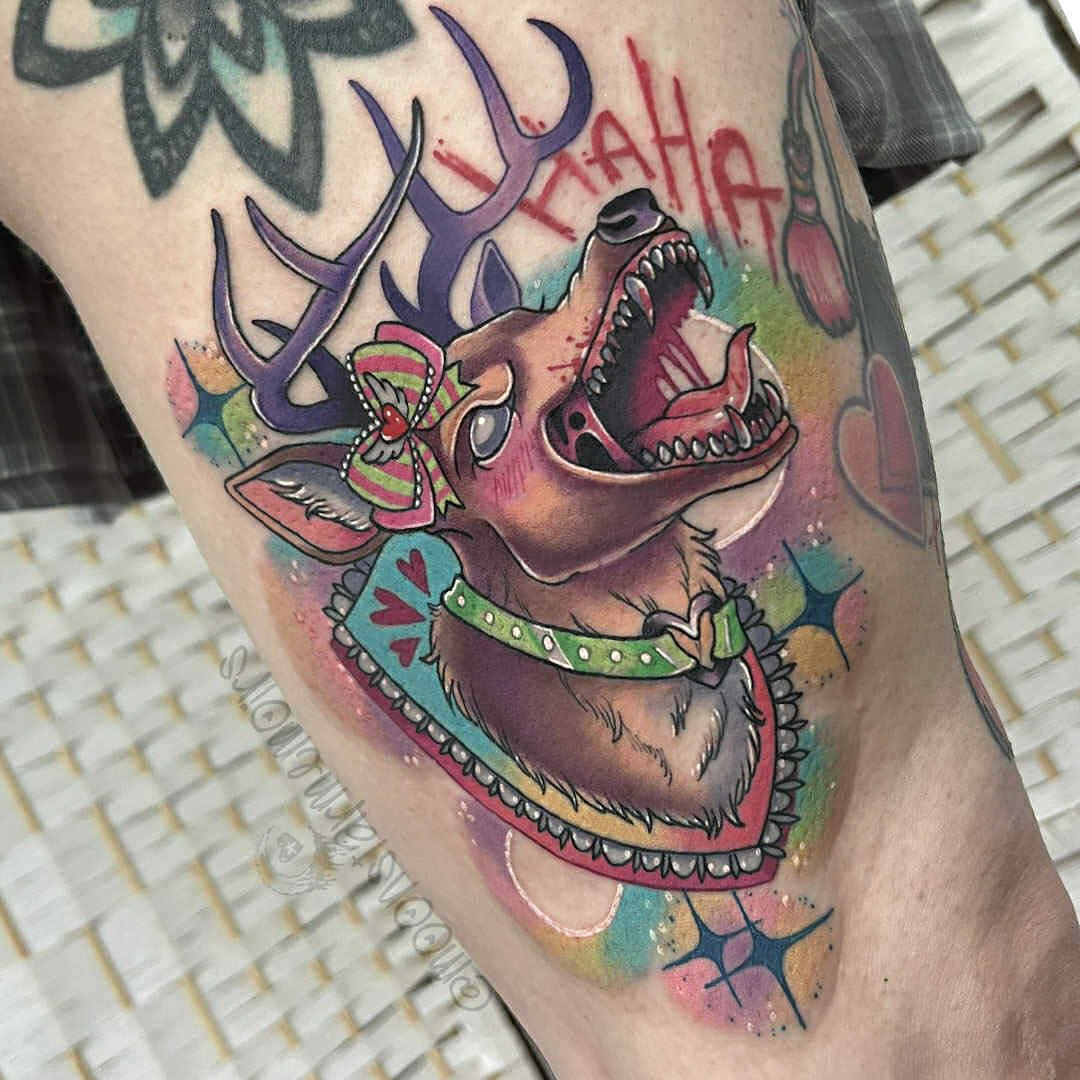 Reindeer with bow new school tattoo on the forearm by 𝓑𝓾𝓷𝓷𝔂 𝓓. 𝓥𝓪𝓷𝓒𝓸𝓮𝓿𝓮𝓻𝓲𝓷𝓰