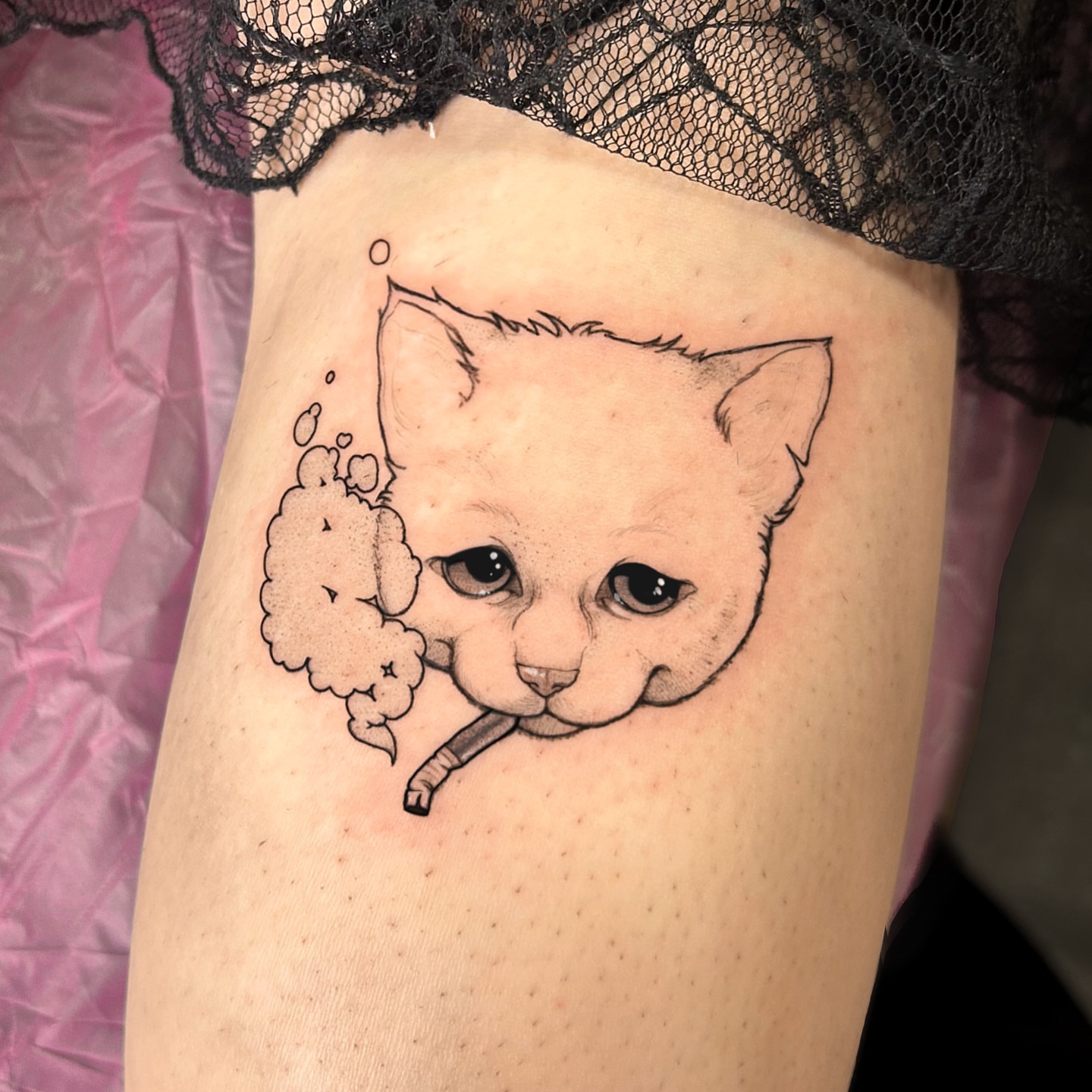 Cat smoking realism tattoo on the thigh by ♡ hayley ♡