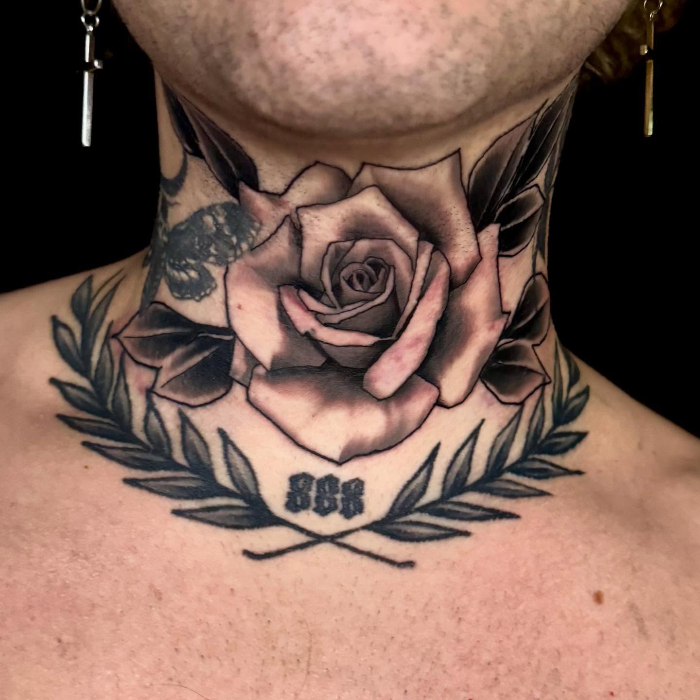Rose black and grey tattoo on the neck by Sweets, Nashville, Tennessee