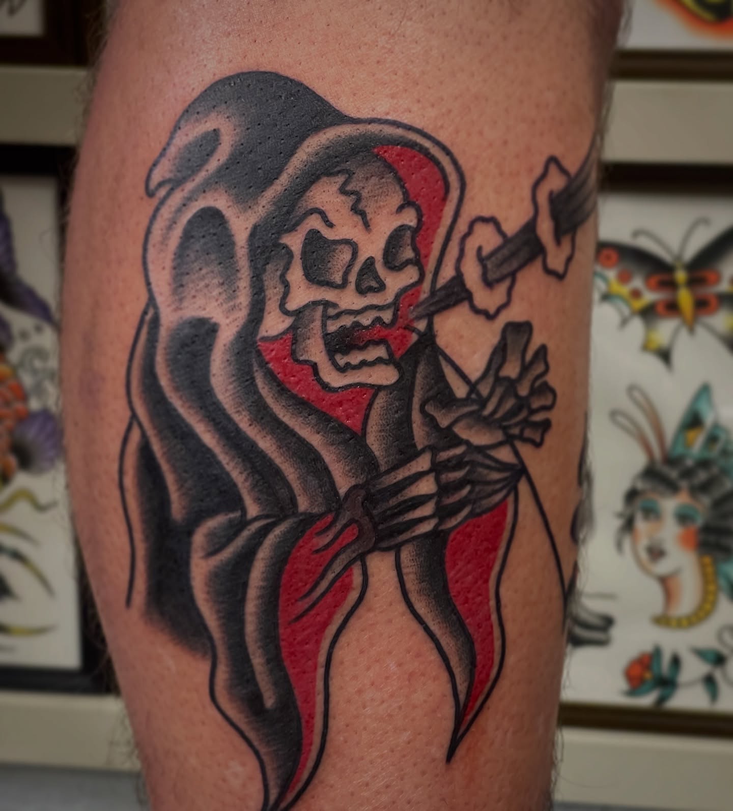 Grim reaper American traditional tattoo on the thigh by adamsayre, San Diego, California