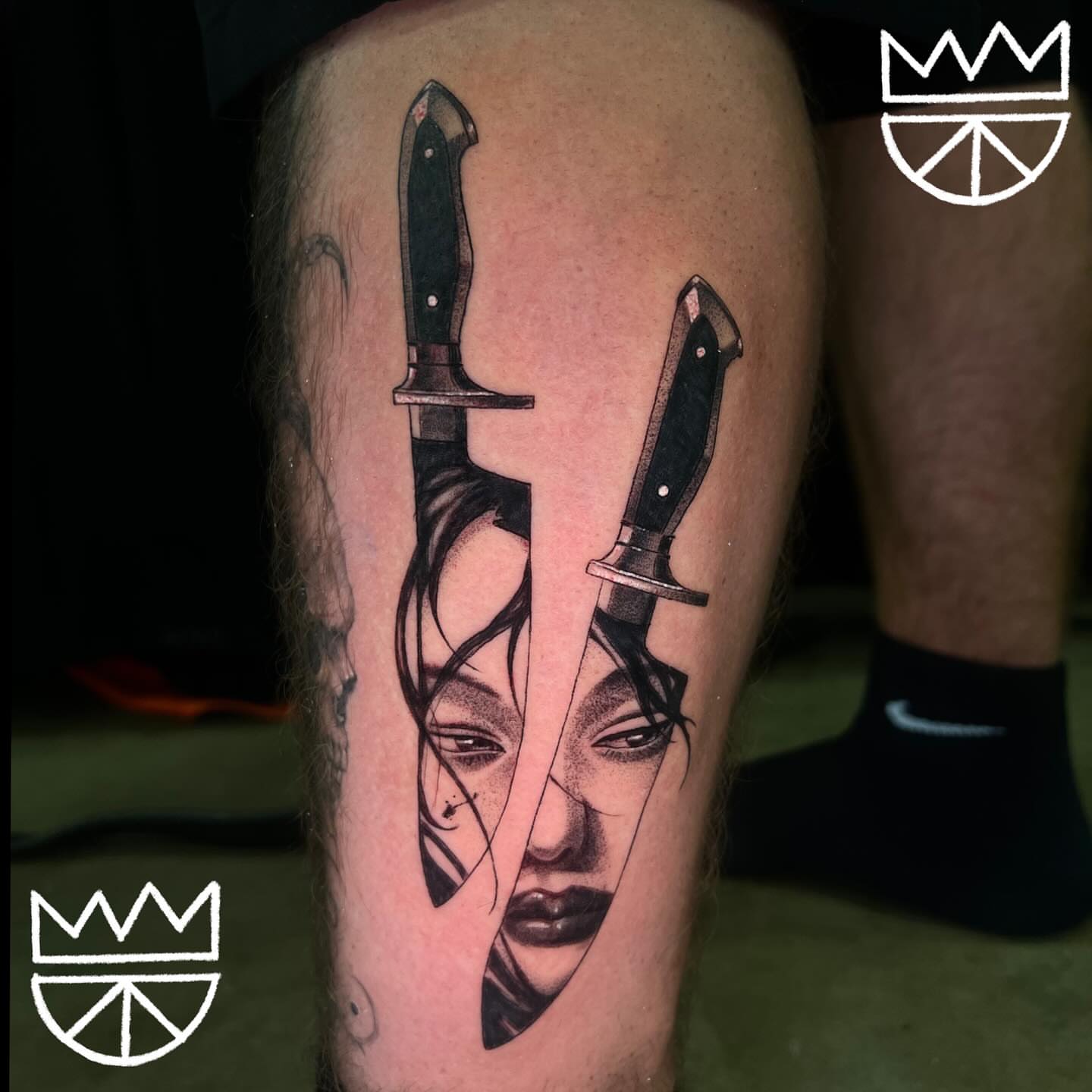 Knife and woman's face realism tattoo on the thigh by Prncjordn, Stallings, North Carolina
