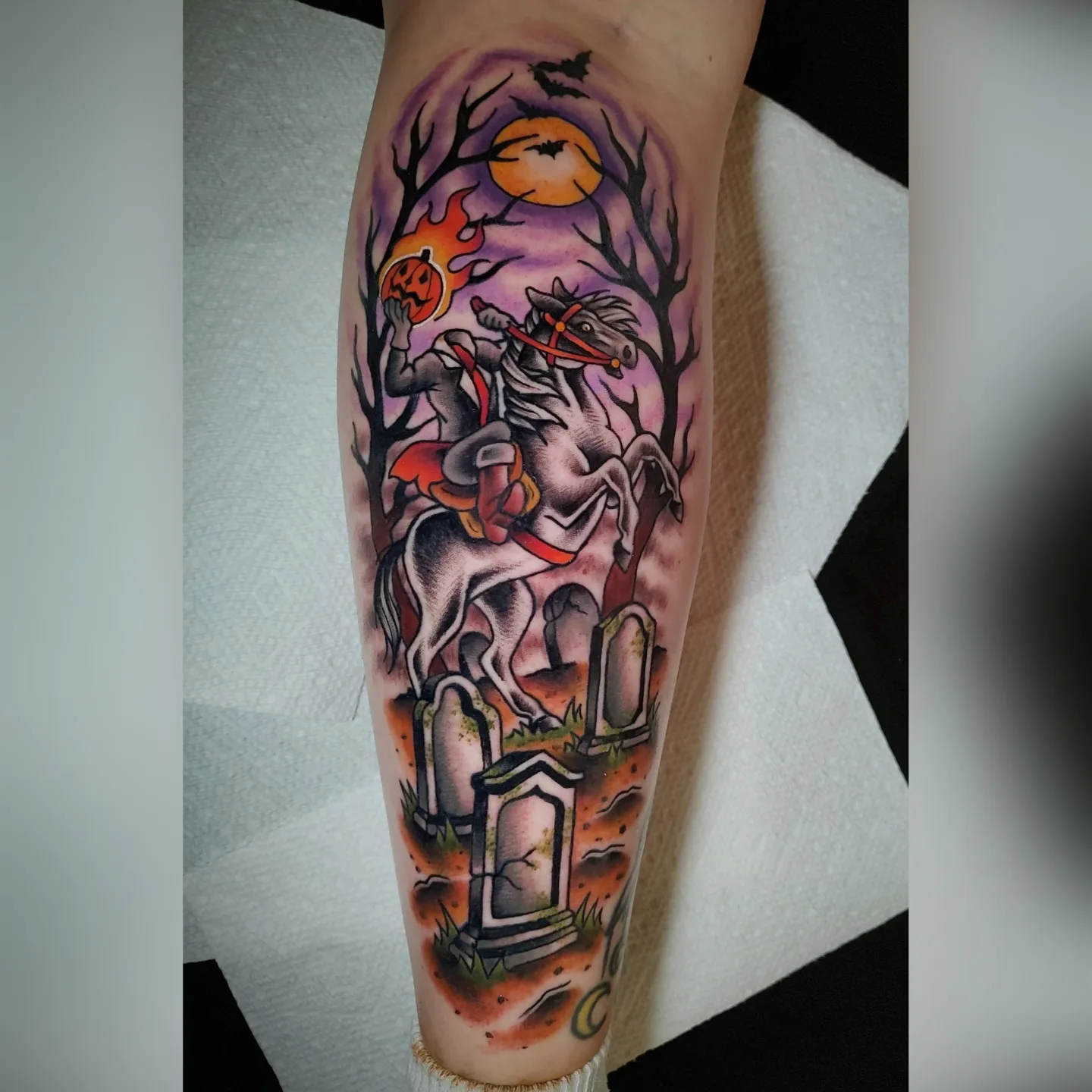Halloween horseman American traditional tattoo on the forearm by Hope Higgins