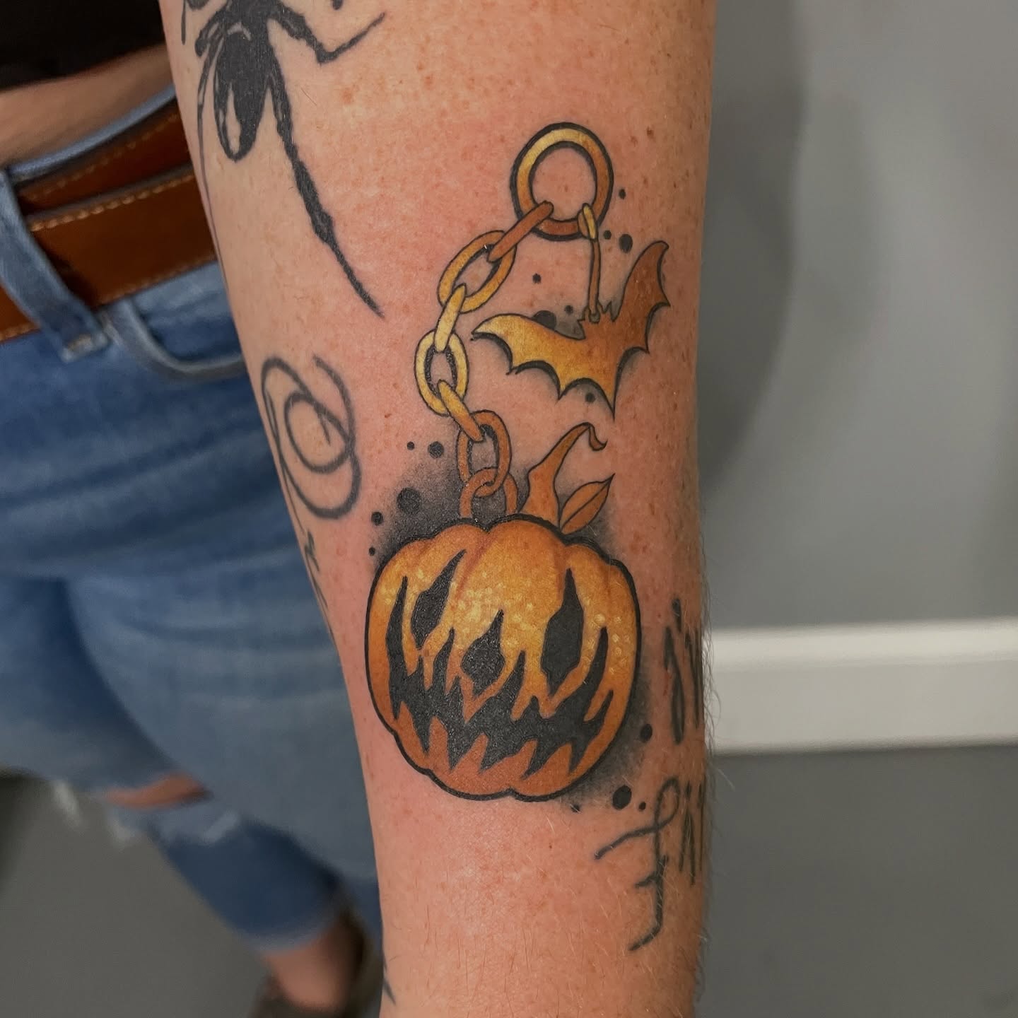 Pumpkin American traditional tattoo on the forearm by Sam Castro