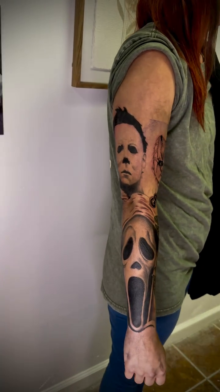Horror movie characters sleeve realism tattoo by Tim Faulkner