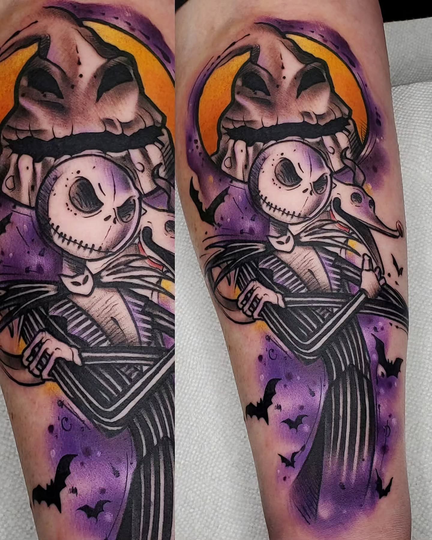Jack Skellington dark realism tattoo on the forearm by Justin Eldridge