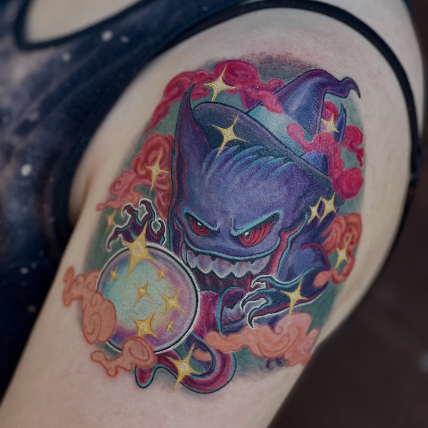 Witch-like creature American traditional tattoo on the shoulder by Meg Mayhem ๐จ Sarenity Tattoo