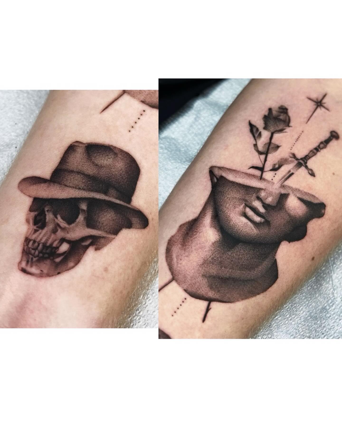 Skull wearing hat black and grey tattoo on the forearm by Cody Mason