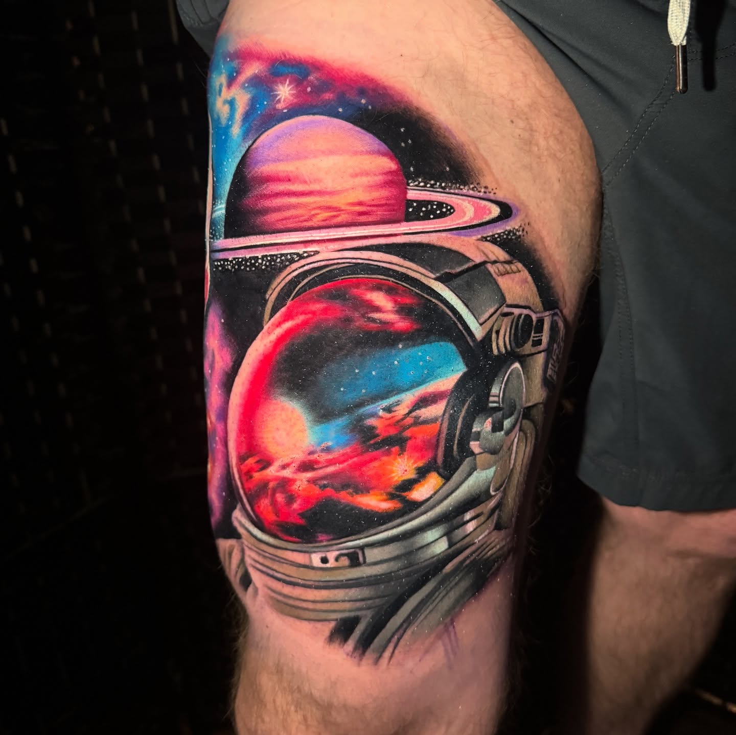Astronaut helmet realism tattoo on the thigh by Mary Blake Tattoos, Franklin, Tennessee