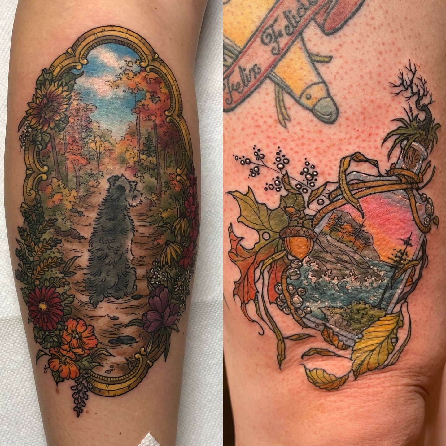 Forest landscape watercolor tattoo on the forearm by Rebeka Chase [Sobodacha]