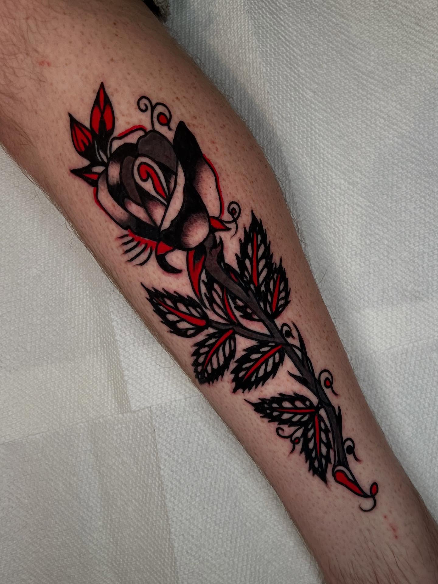 Rose American traditional tattoo on the forearm by 💥Jeff Klug💥, Austin, Texas