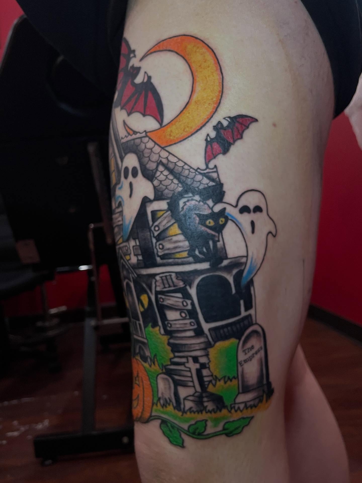 Gothic graveyard American traditional tattoo on the forearm by Chrissy Ungrew Tattoos, Covington, Kentucky