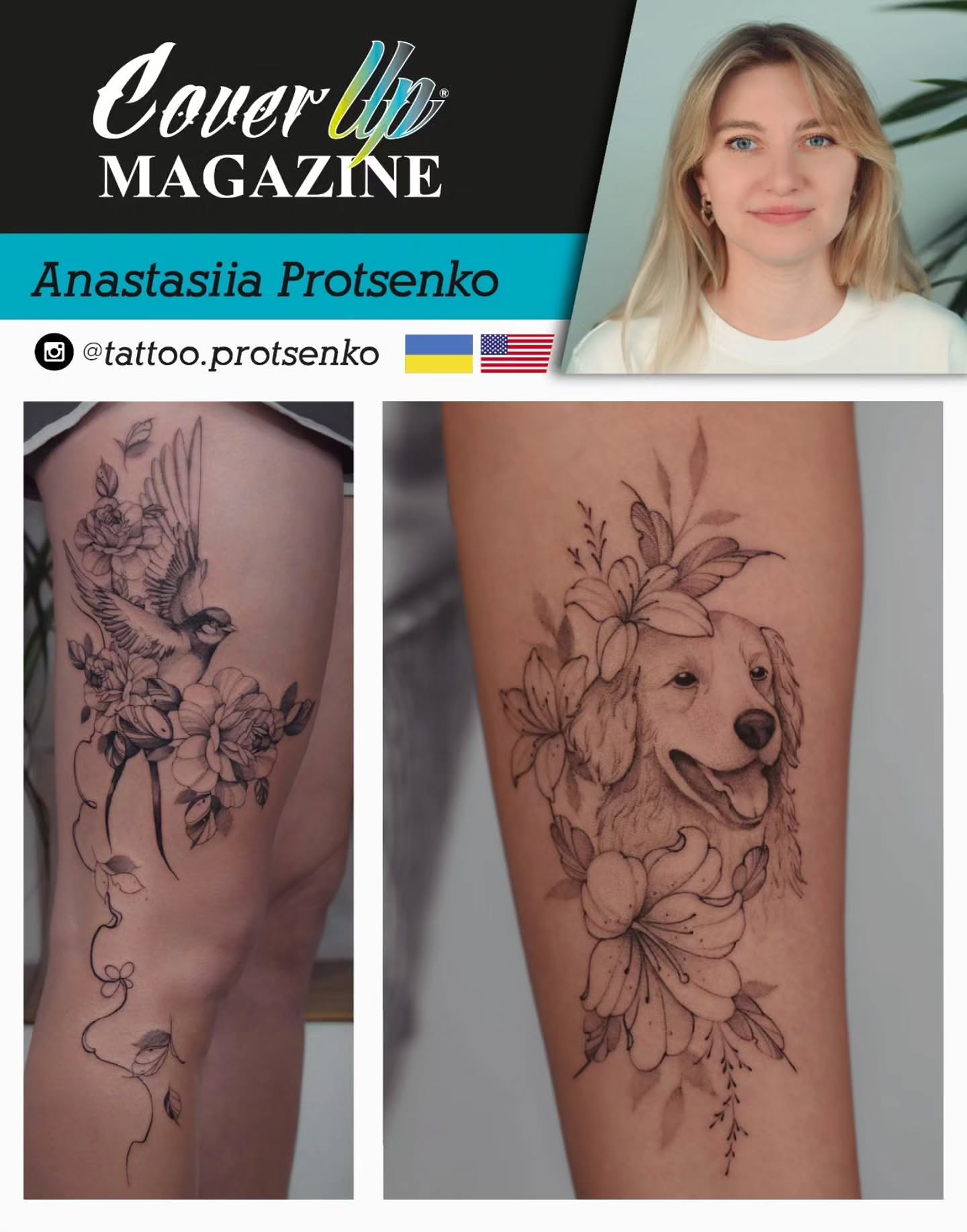 Bird and floral black and grey tattoo on the thigh by Anastasiia