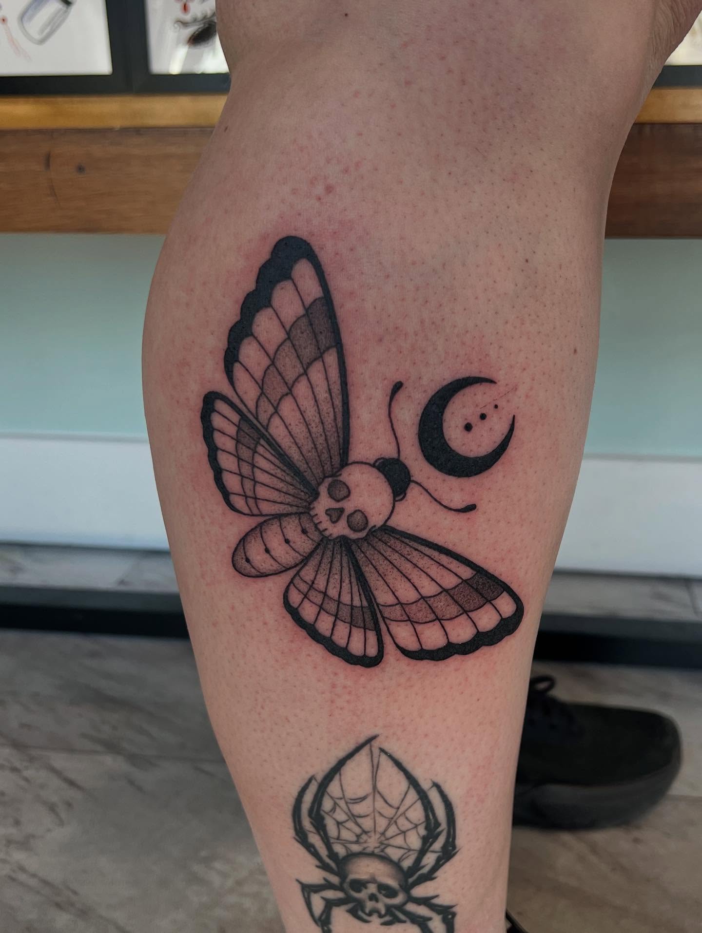 Butterfly with skull head black and grey tattoo on the thigh by 𝖆𝖑𝖞𝖘𝖘𝖆 ☽