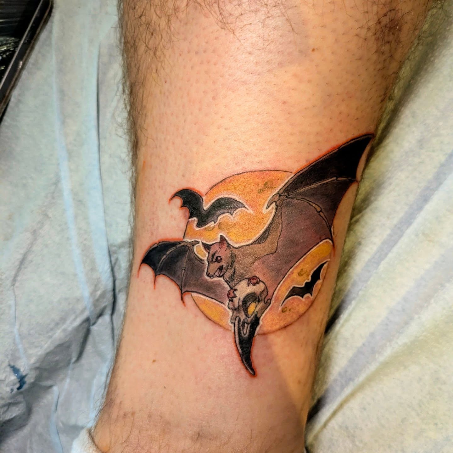Bat and skull realism tattoo on the forearm by Lahel (Lay-el) Fowler