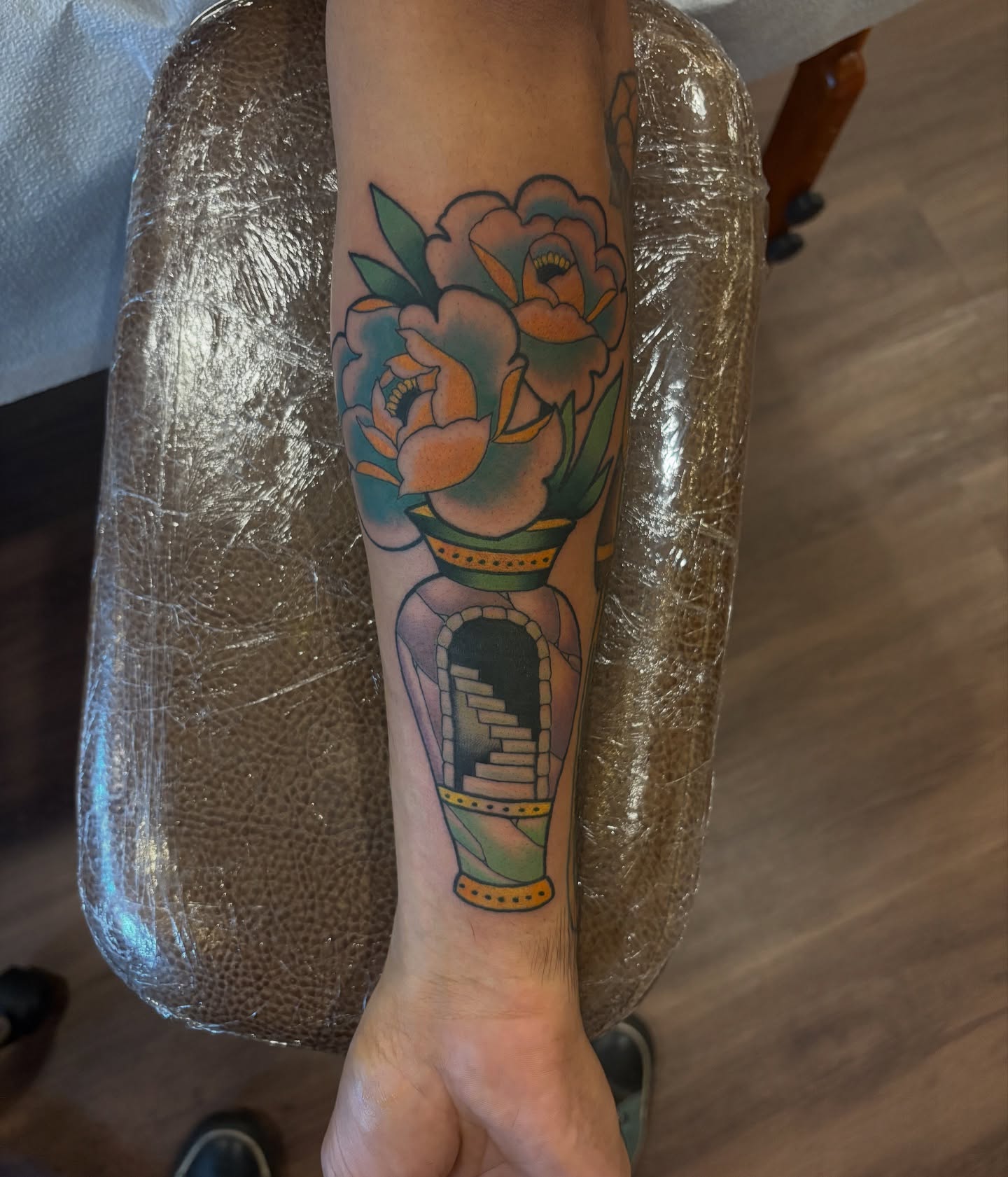 Flowers in vase American traditional tattoo on the forearm by Seattle Tattoo Artist, Bonney Lake, Washington