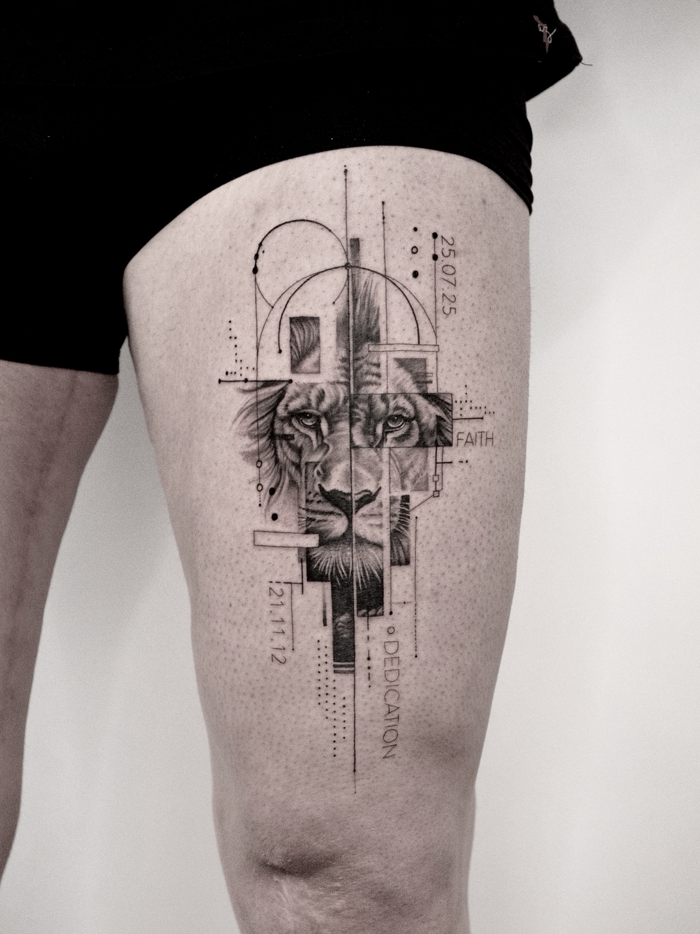Lion dotwork tattoo on the thigh by János Bozóki, Budapest, Hungary