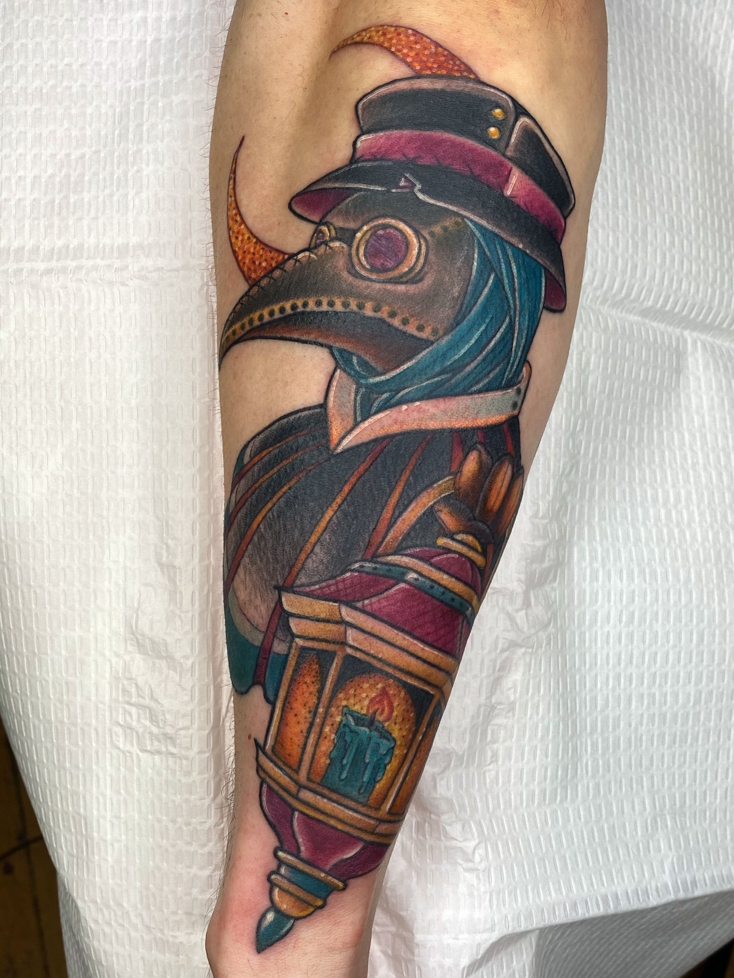 Plague doctor American traditional tattoo on the forearm by Tayler Pearson, Fort Collins, Colorado