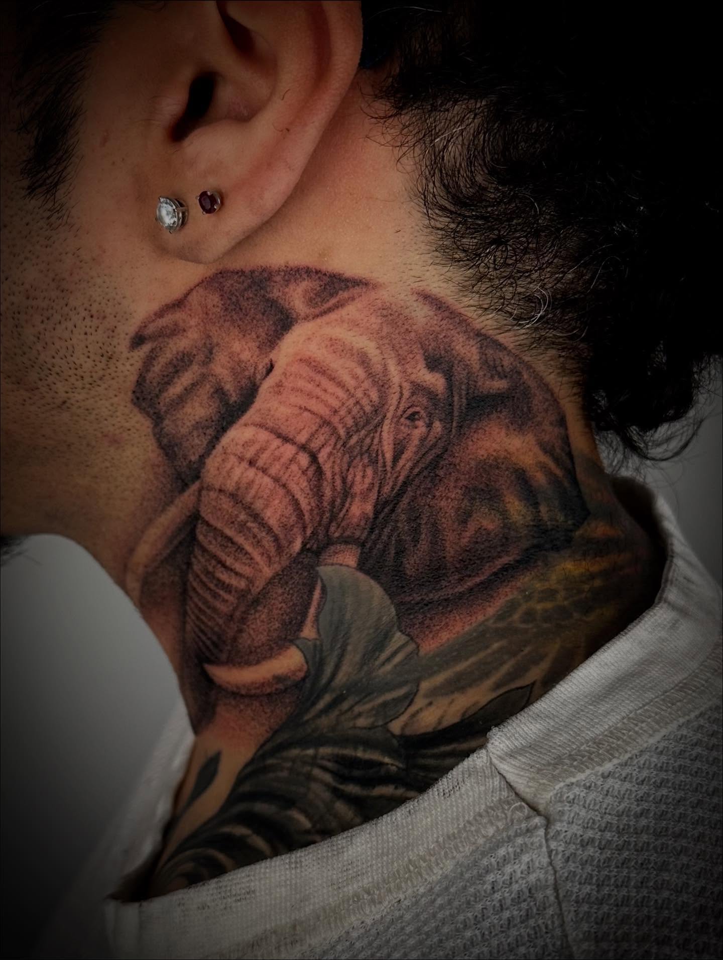 Elephant realism tattoo on the neck by MR
