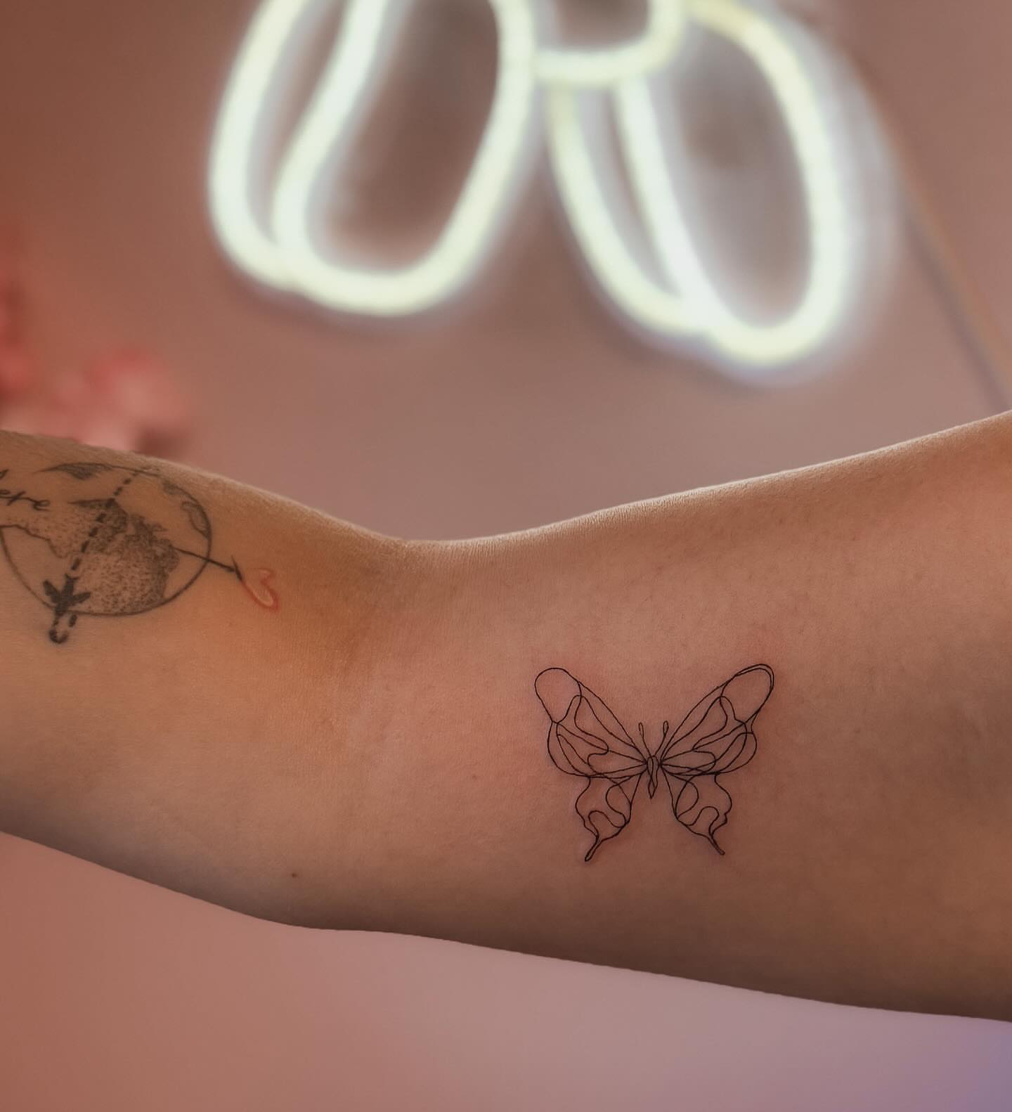 Butterfly fine line tattoo on the forearm by π»ππ π
ππππ Tattoo Artist, Las Vegas, Nevada