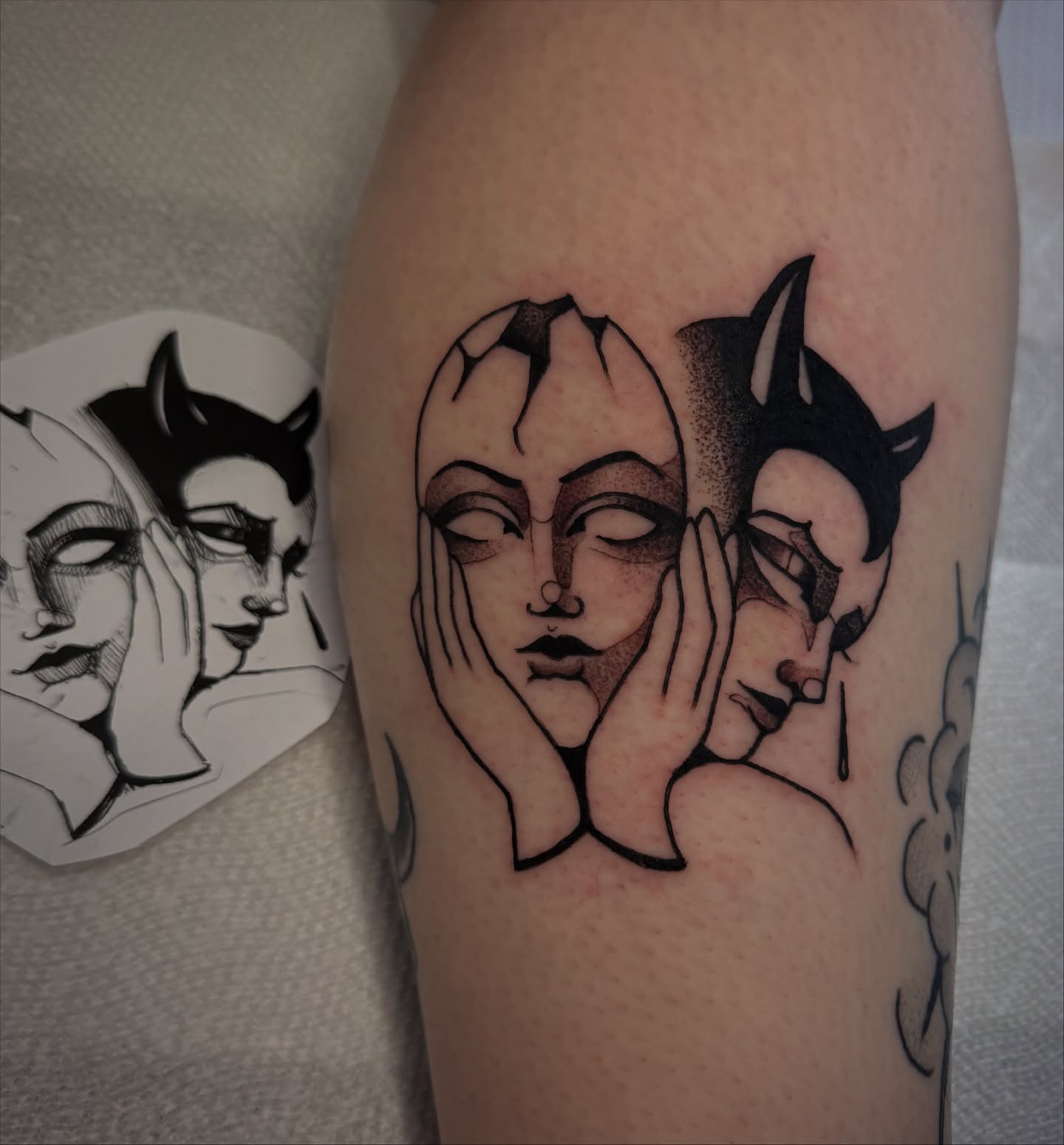 Abstract faces dotwork tattoo on the forearm by Lauren Peltz