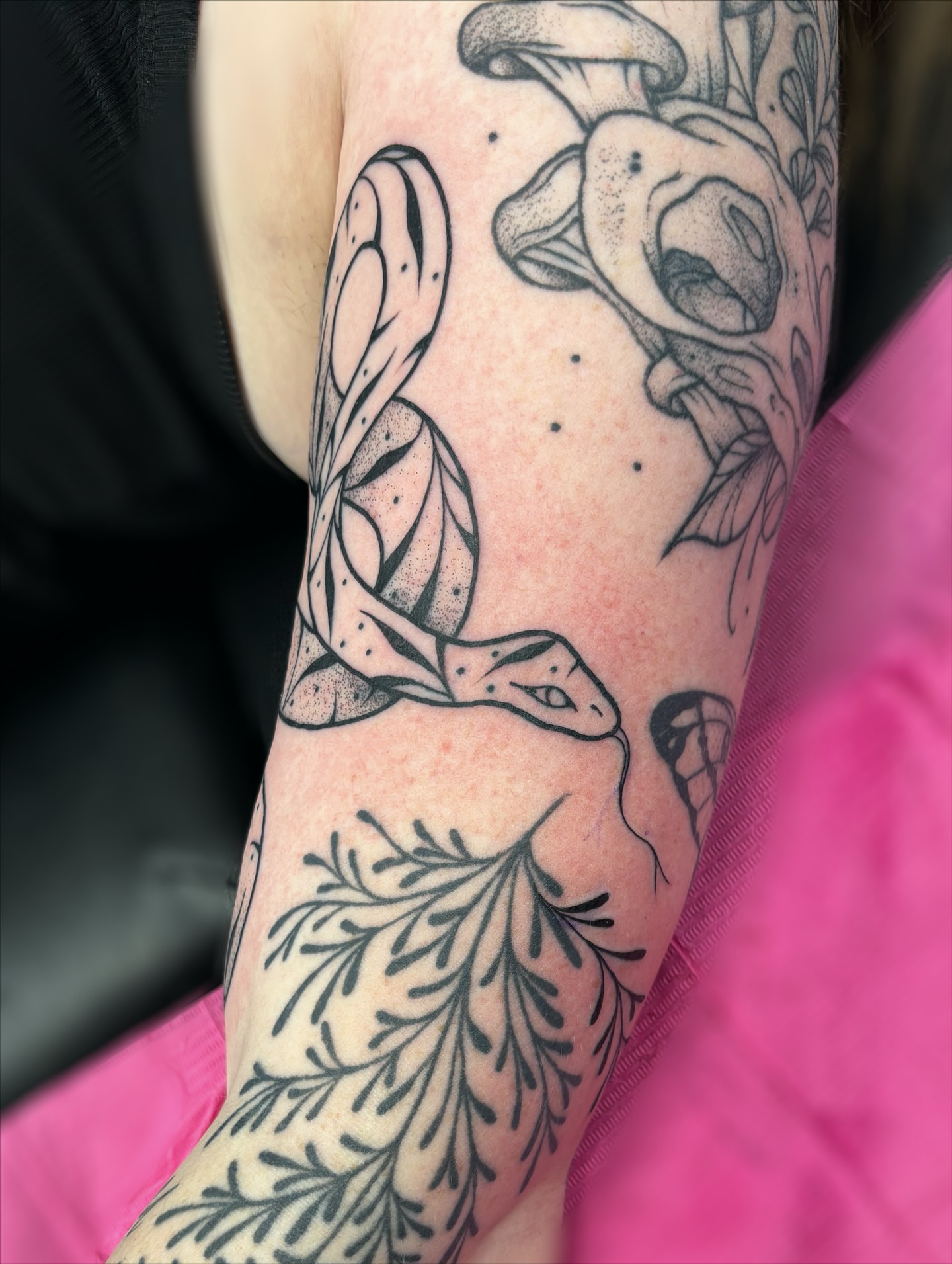 Snake and peony dotwork tattoo on the forearm by ✿ sadie winter ✿