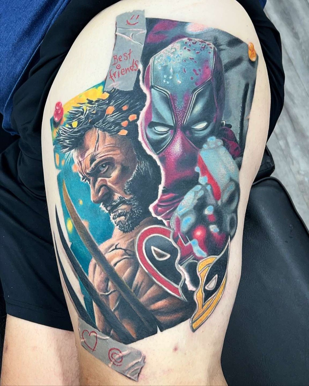 Deadpool and wolverine dotwork tattoo on the thigh by Zack Havoc
