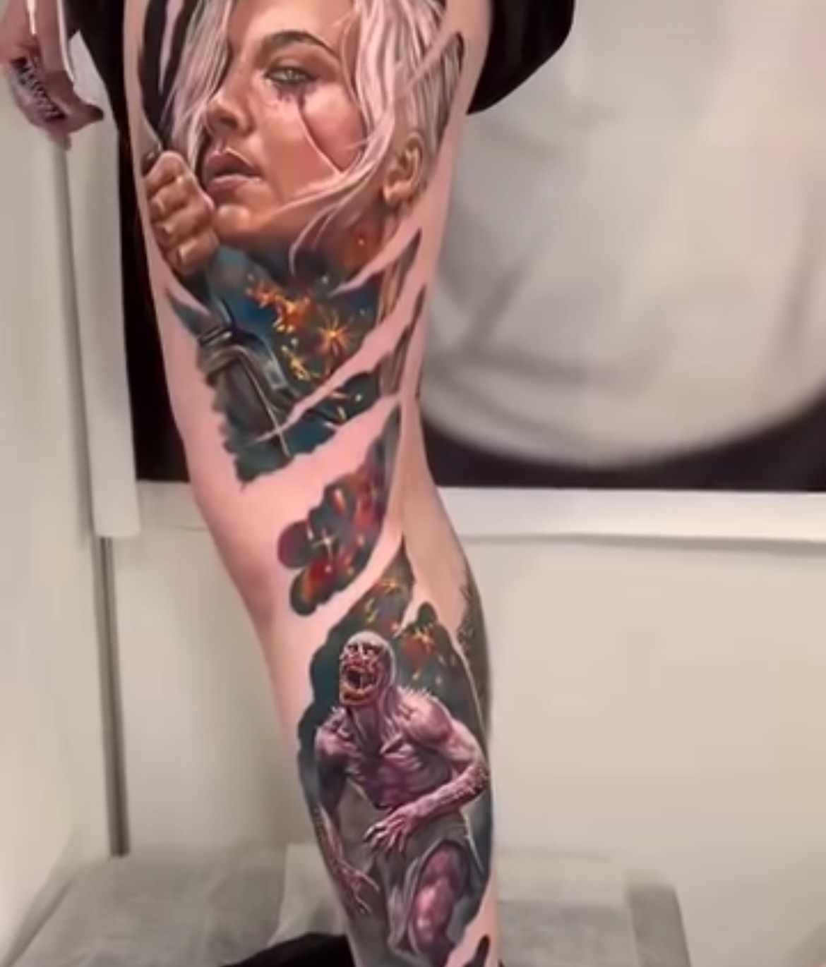 Woman with monster realism tattoo on the forearm by Sacramento tattoo