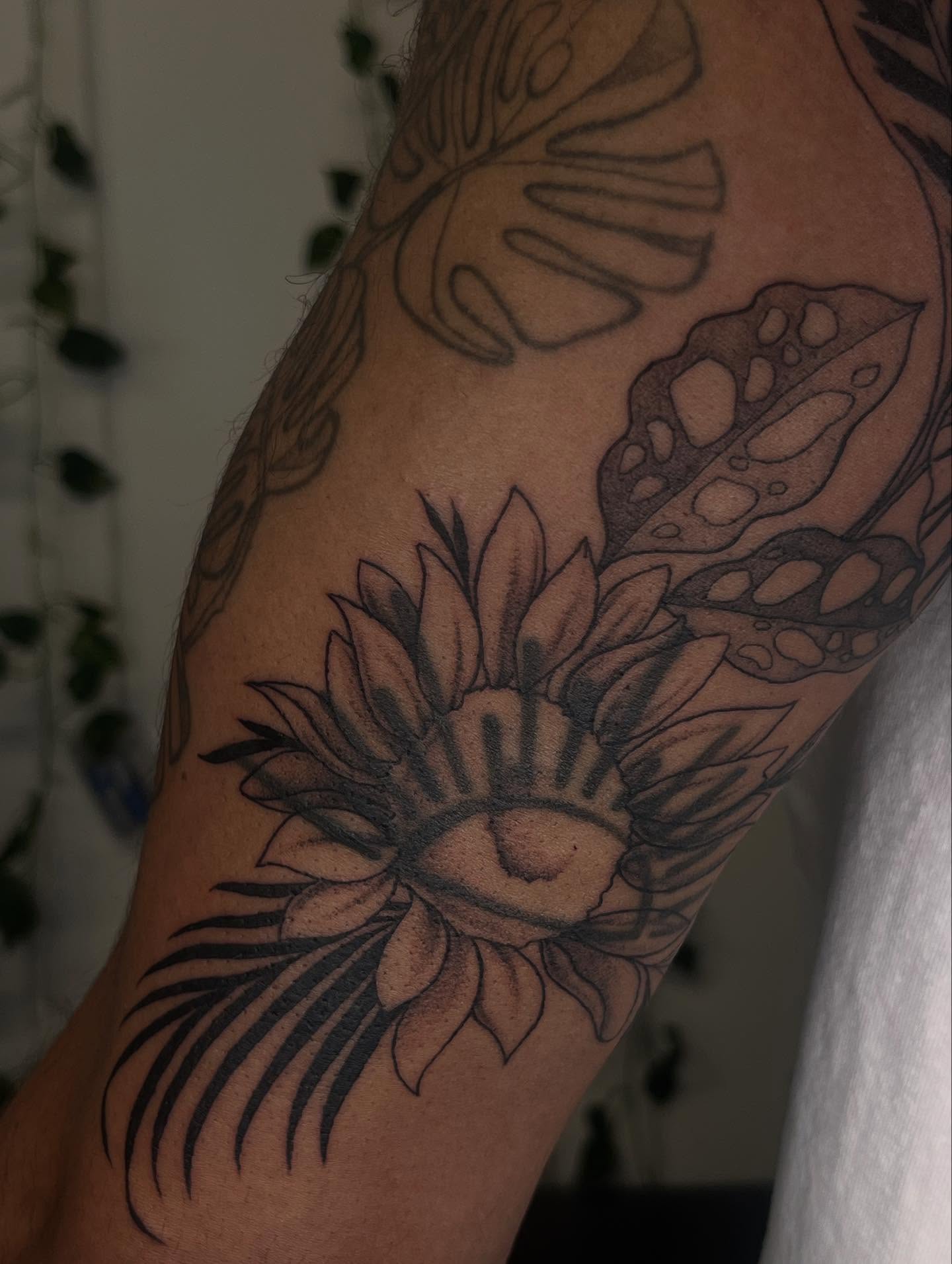 Sunflower dotwork tattoo on the forearm by Luna 🌙