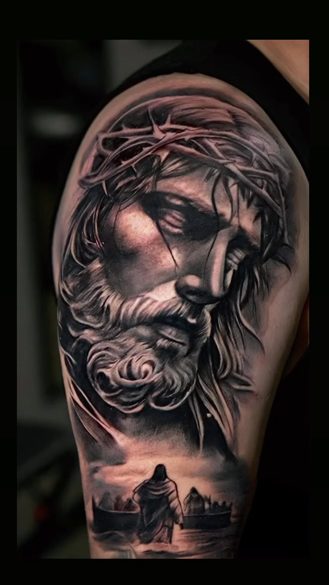 Jesus Christ with crown of thorns realism tattoo by Luis Arenas