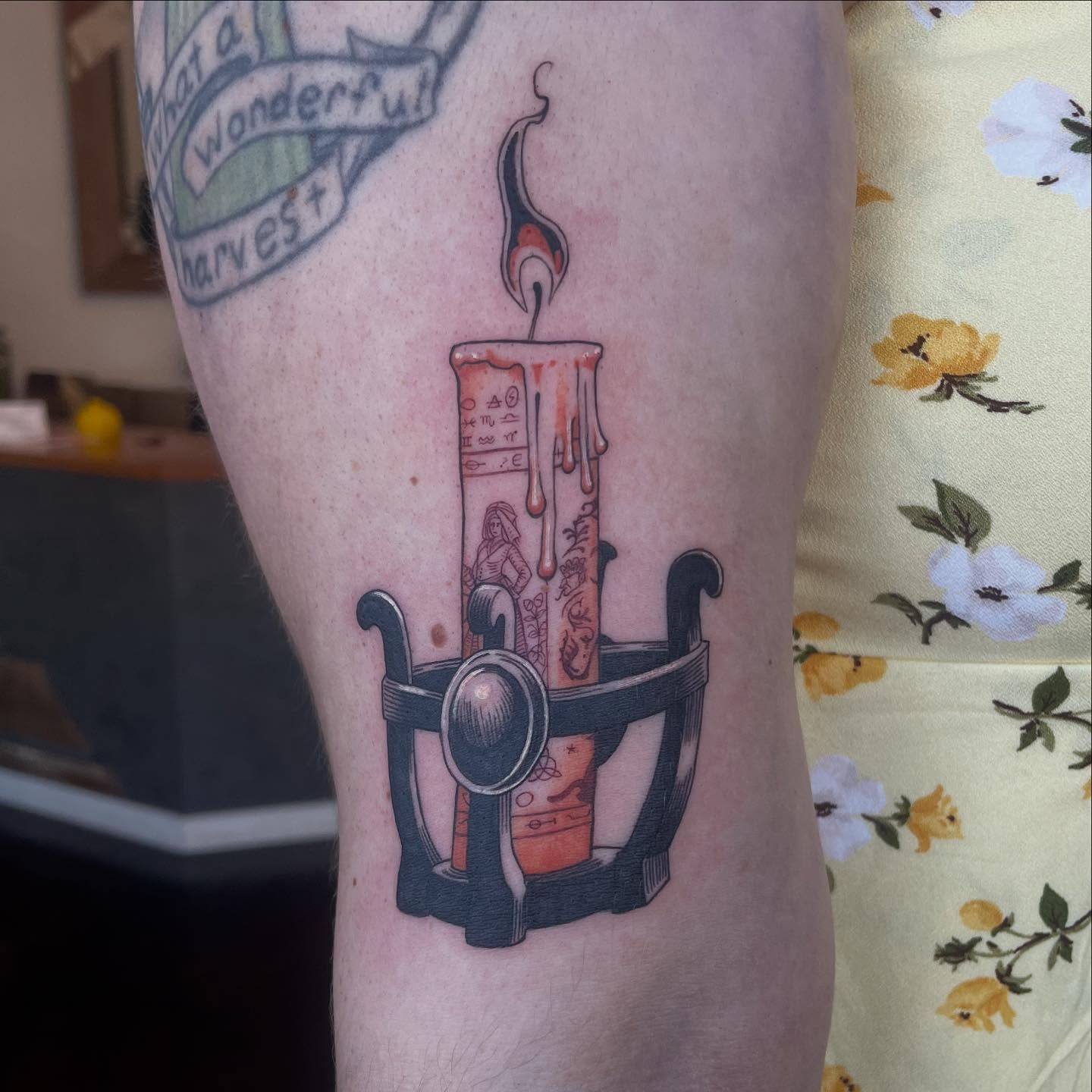 Candle and shield black and grey tattoo on the forearm by Ally Easter, Berkeley, California